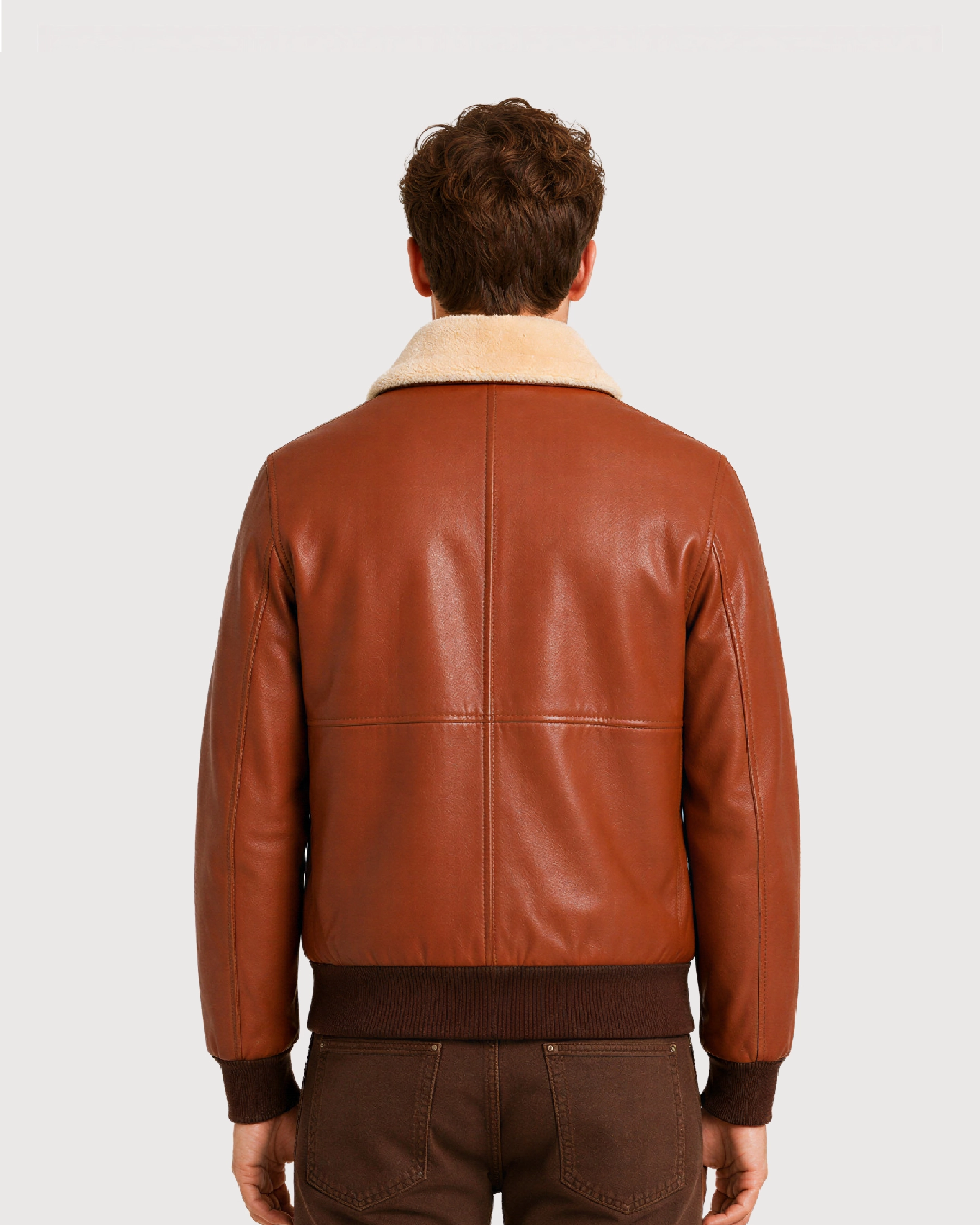 AERO Brown Shearling Collar Bomber Leather Jacket - Back Pattern