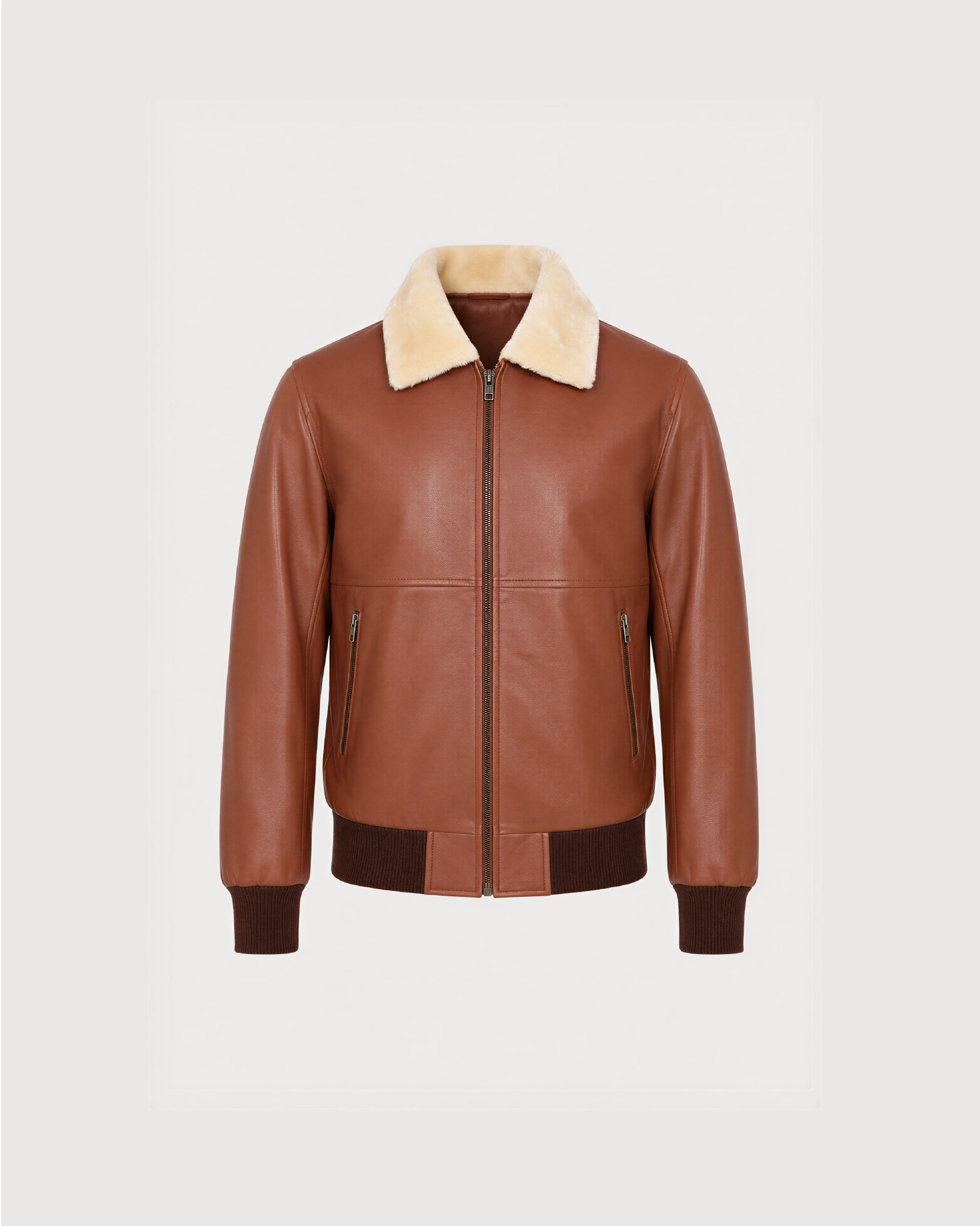 AERO Brown Shearling Collar Bomber Leather Jacket - Front