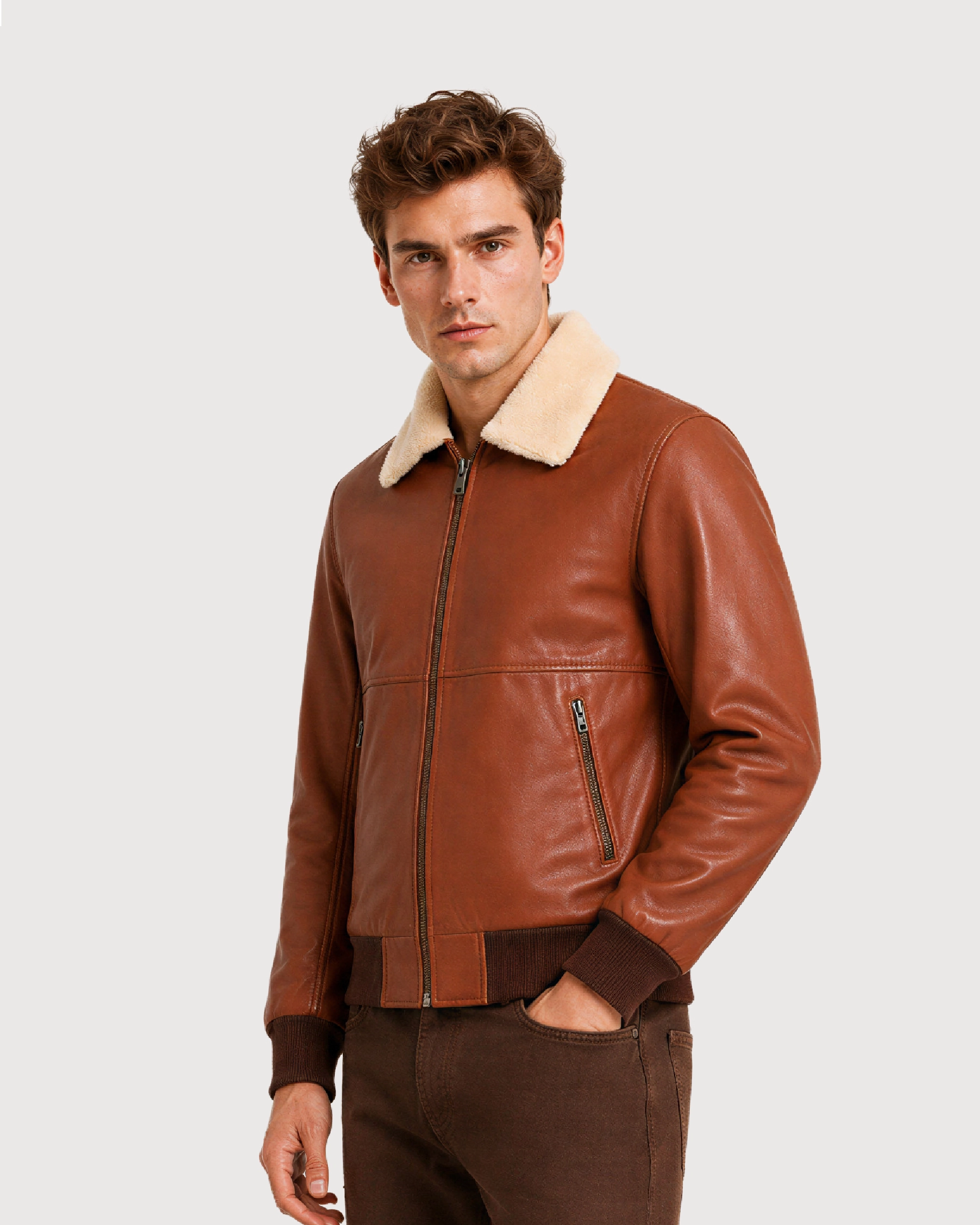 AERO Brown Shearling Collar Bomber Leather Jacket - Left