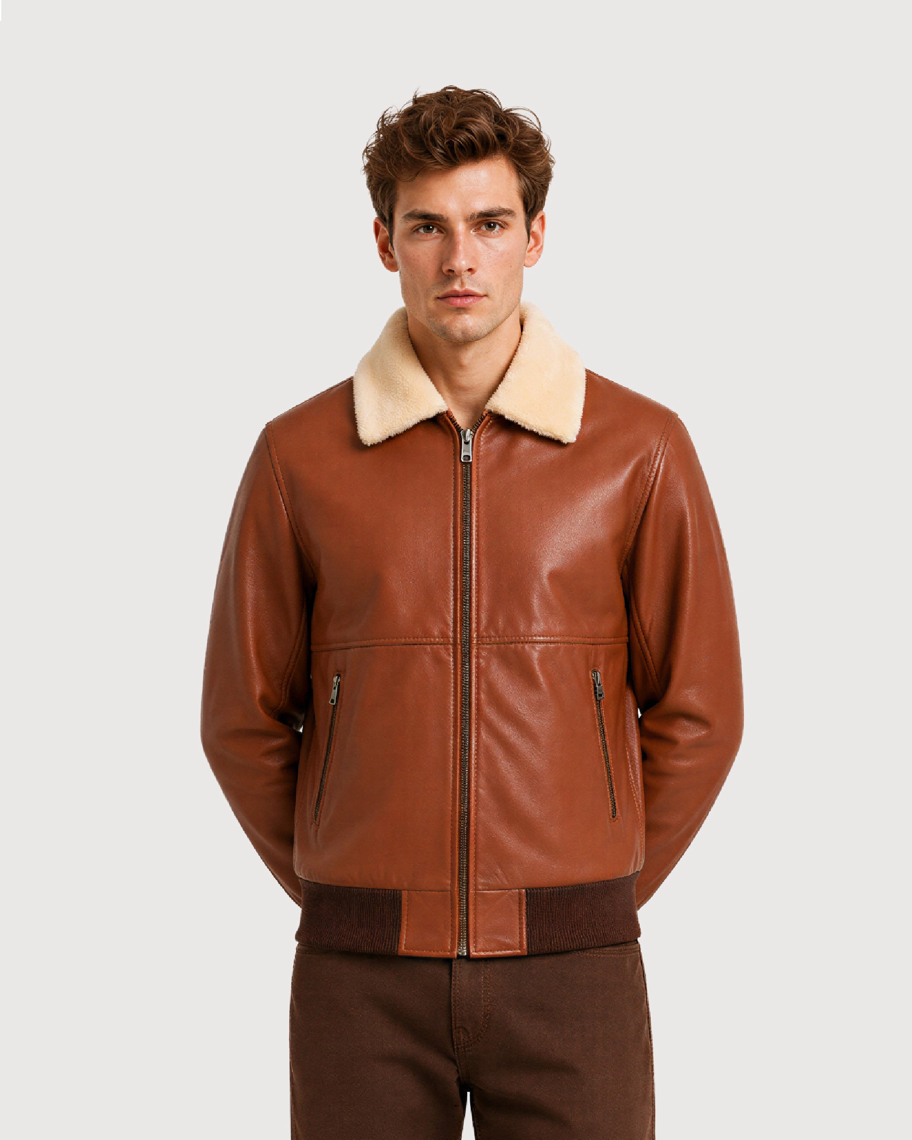 AERO Brown Shearling Collar Bomber Leather Jacket - Pose
