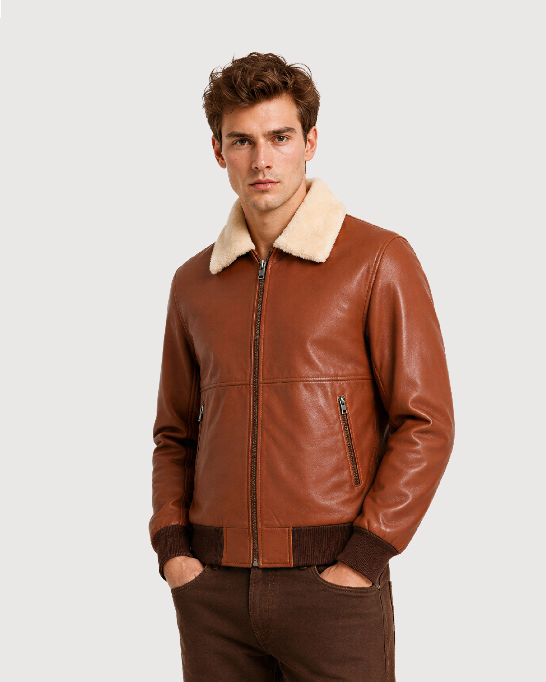 AERO Brown Shearling Collar Bomber Leather Jacket - Zipped