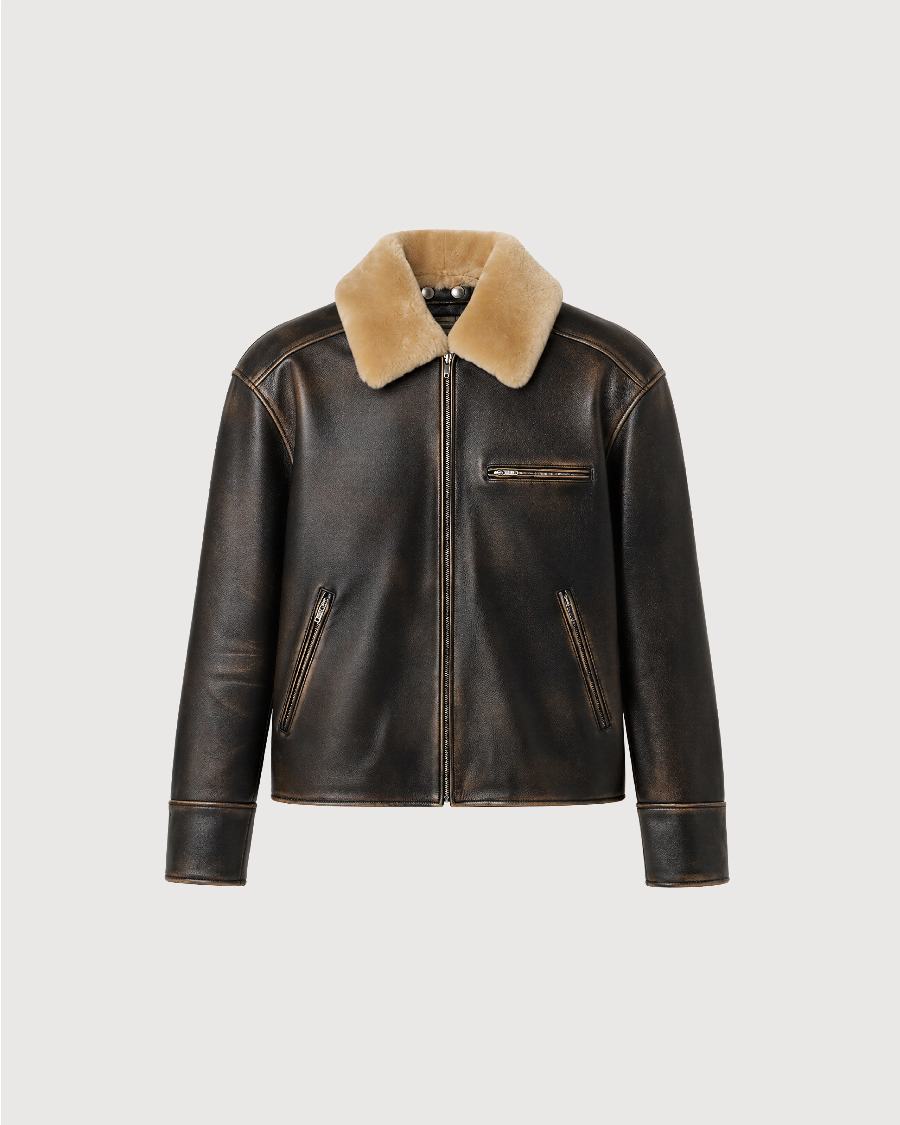 AIREN Distressed Brown Shearling Collar Leather Jacket - Front