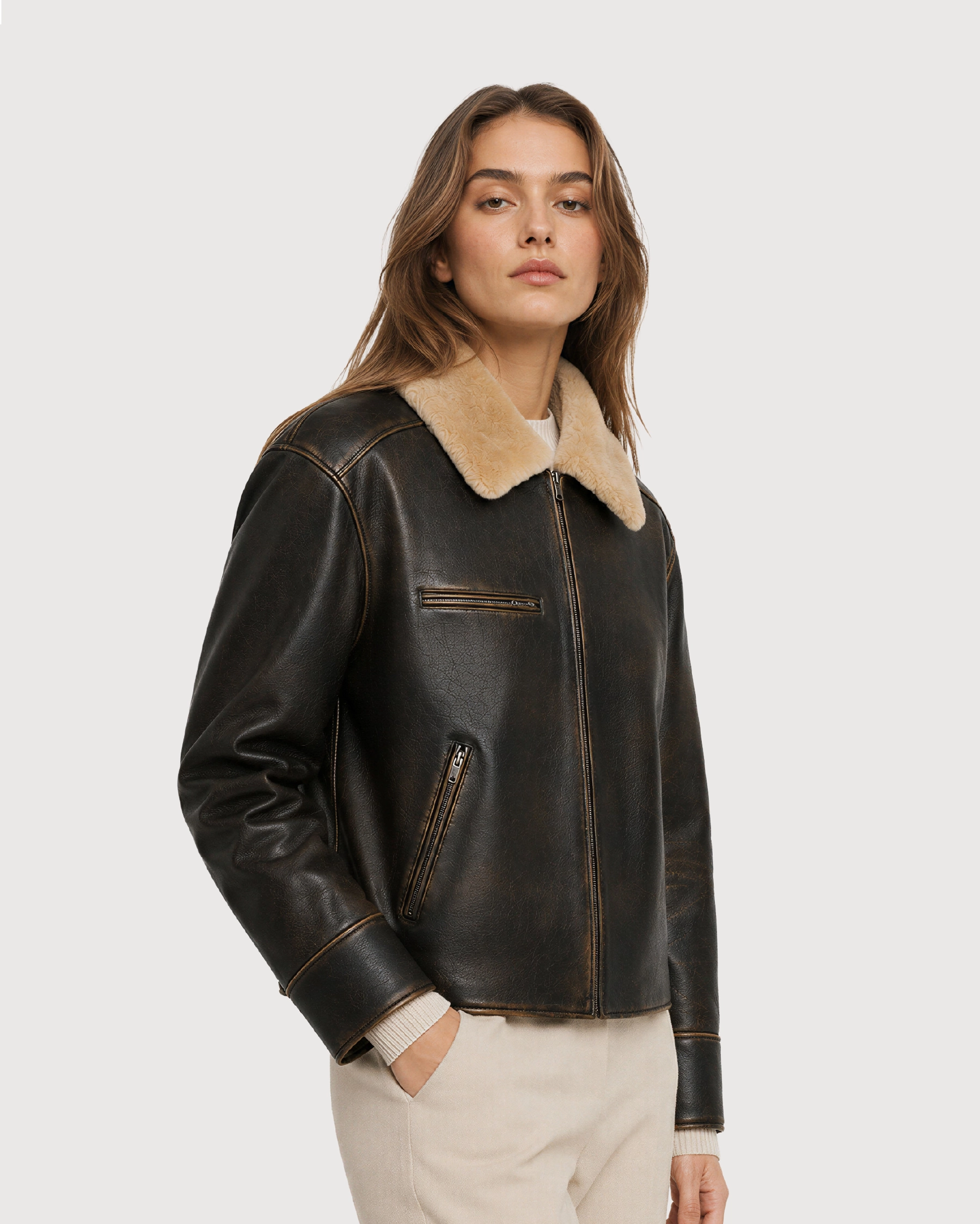 AIREN Distressed Brown Shearling Collar Leather Jacket - Left