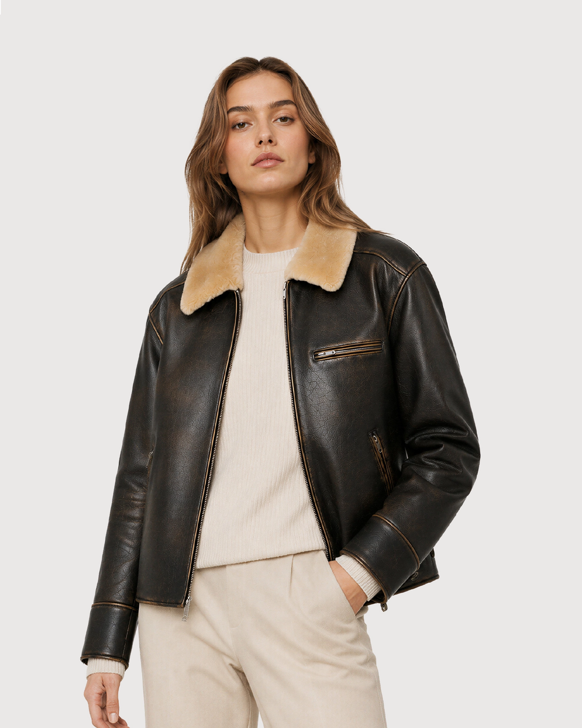 AIREN Distressed Brown Shearling Collar Leather Jacket - Open Zipper