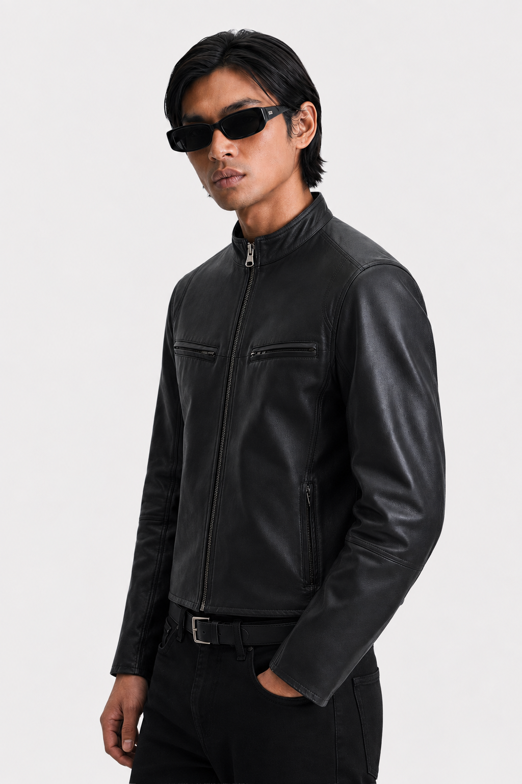 ANCE Black Biker Leather Jacket - Side