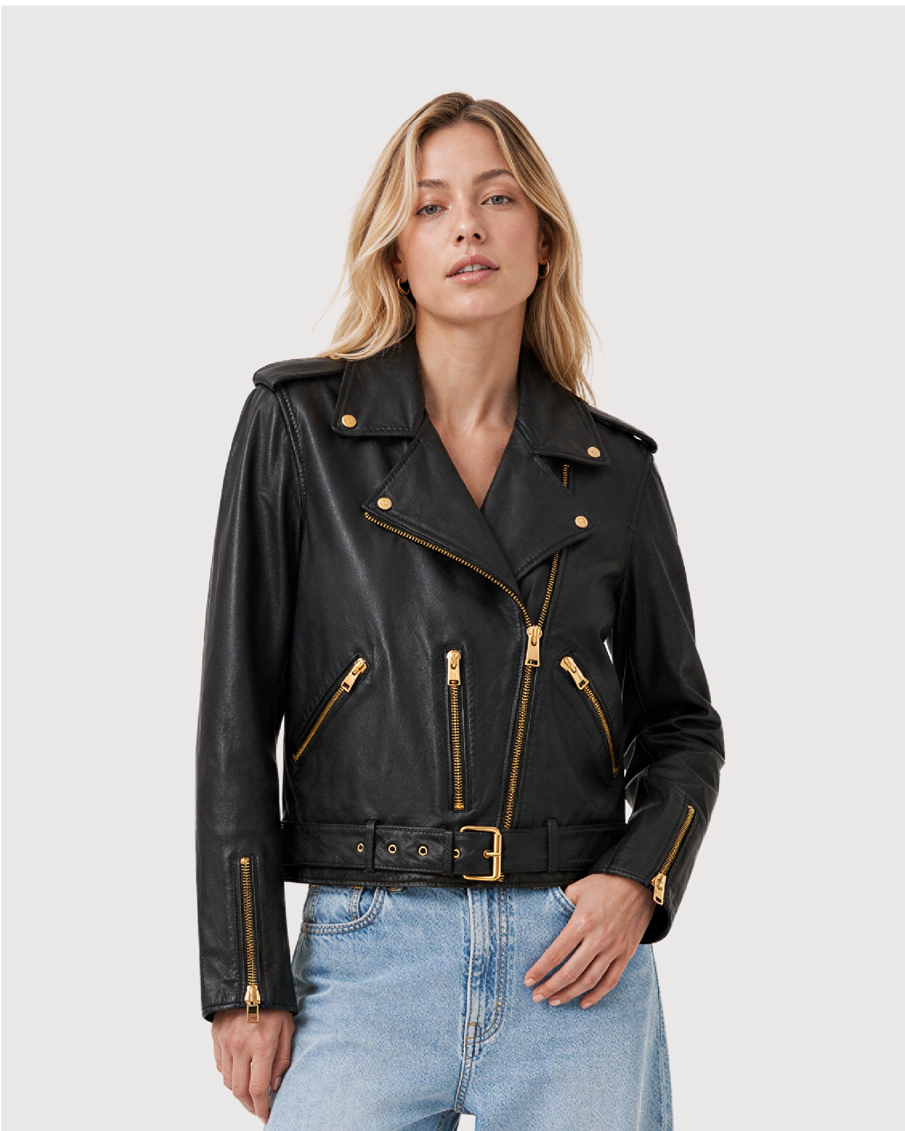AUREL Black Leather Biker Jacket