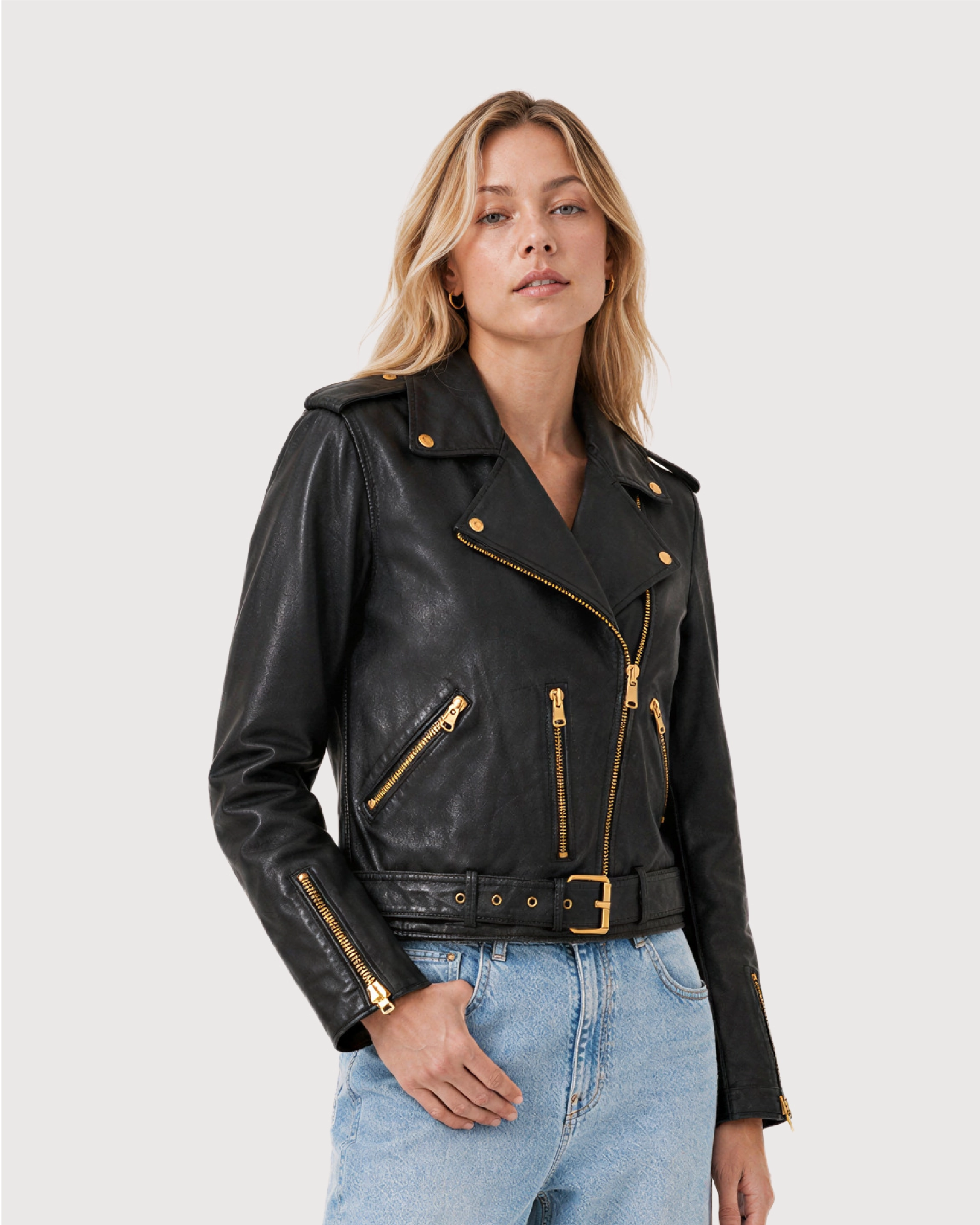 AUREL Black Leather Biker Jacket - Side