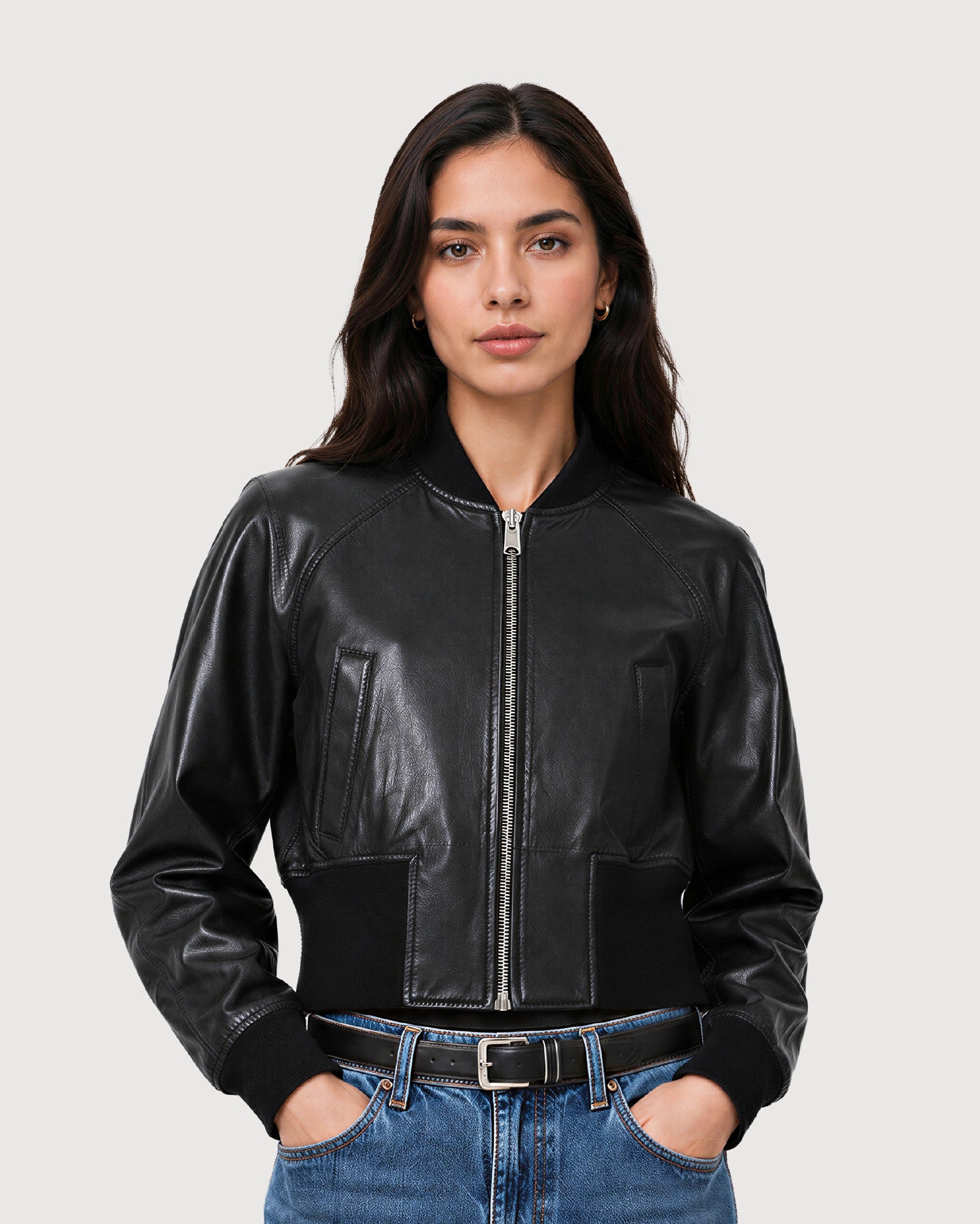 AVIA Black Ribbed Leather Bomber Jacket
