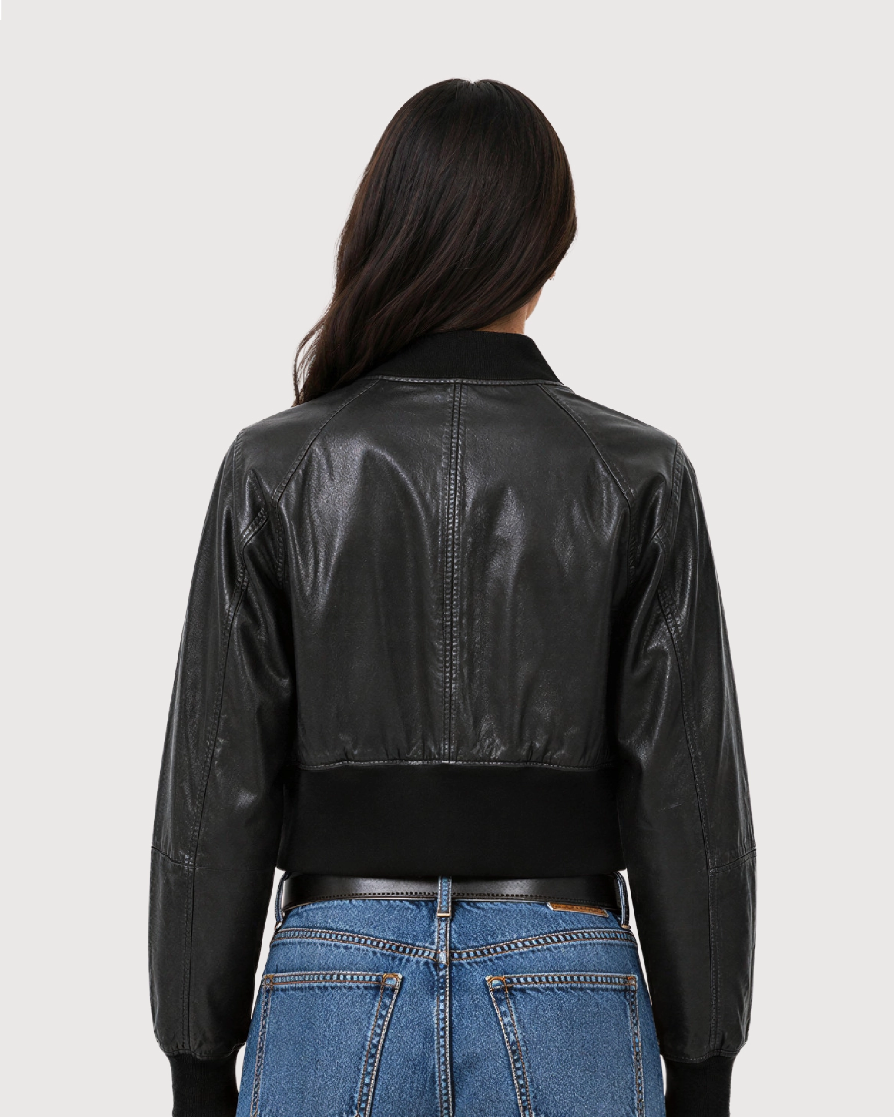 AVIA Black Ribbed Leather Bomber Jacket - Back