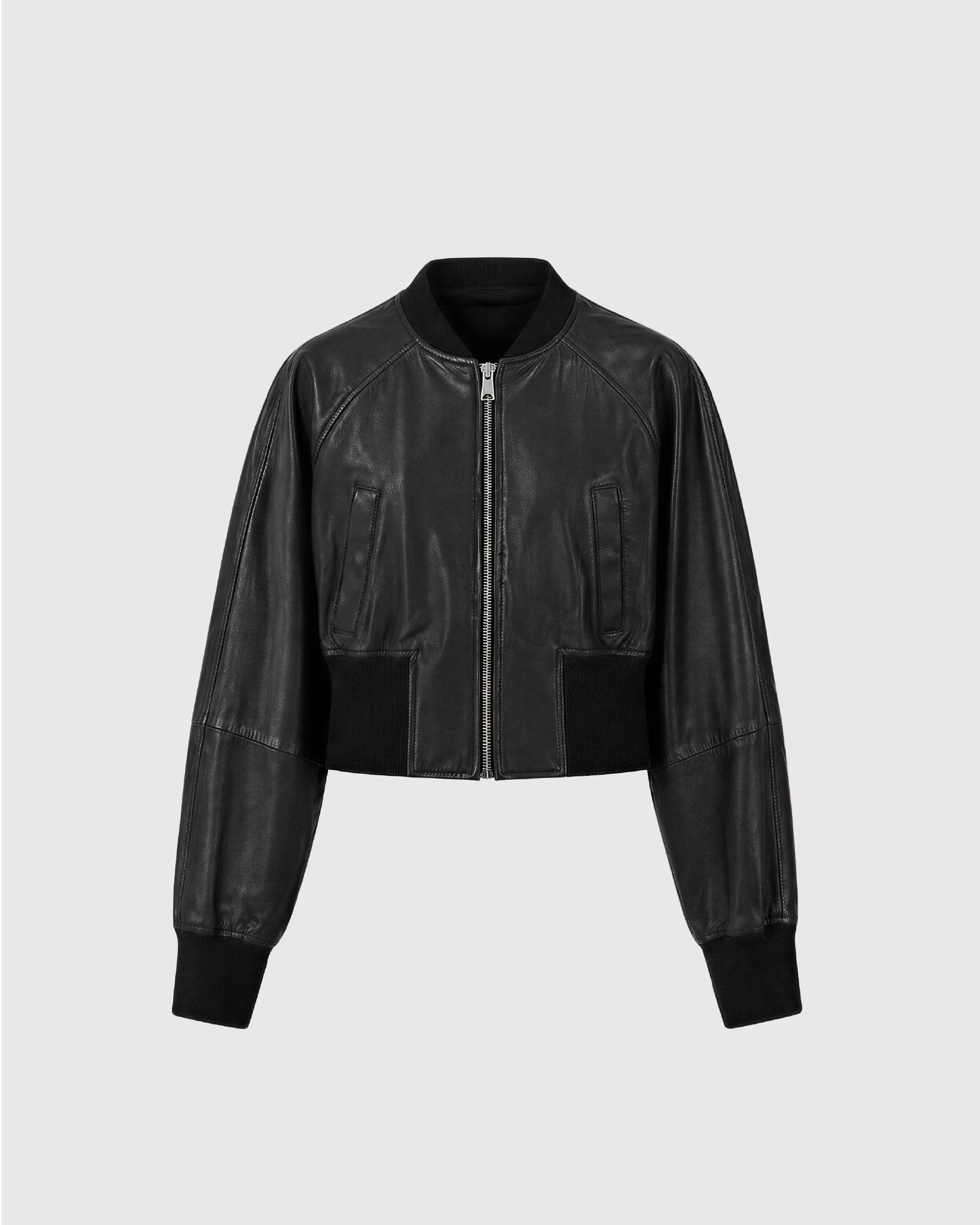 AVIA Black Ribbed Leather Bomber Jacket - Front
