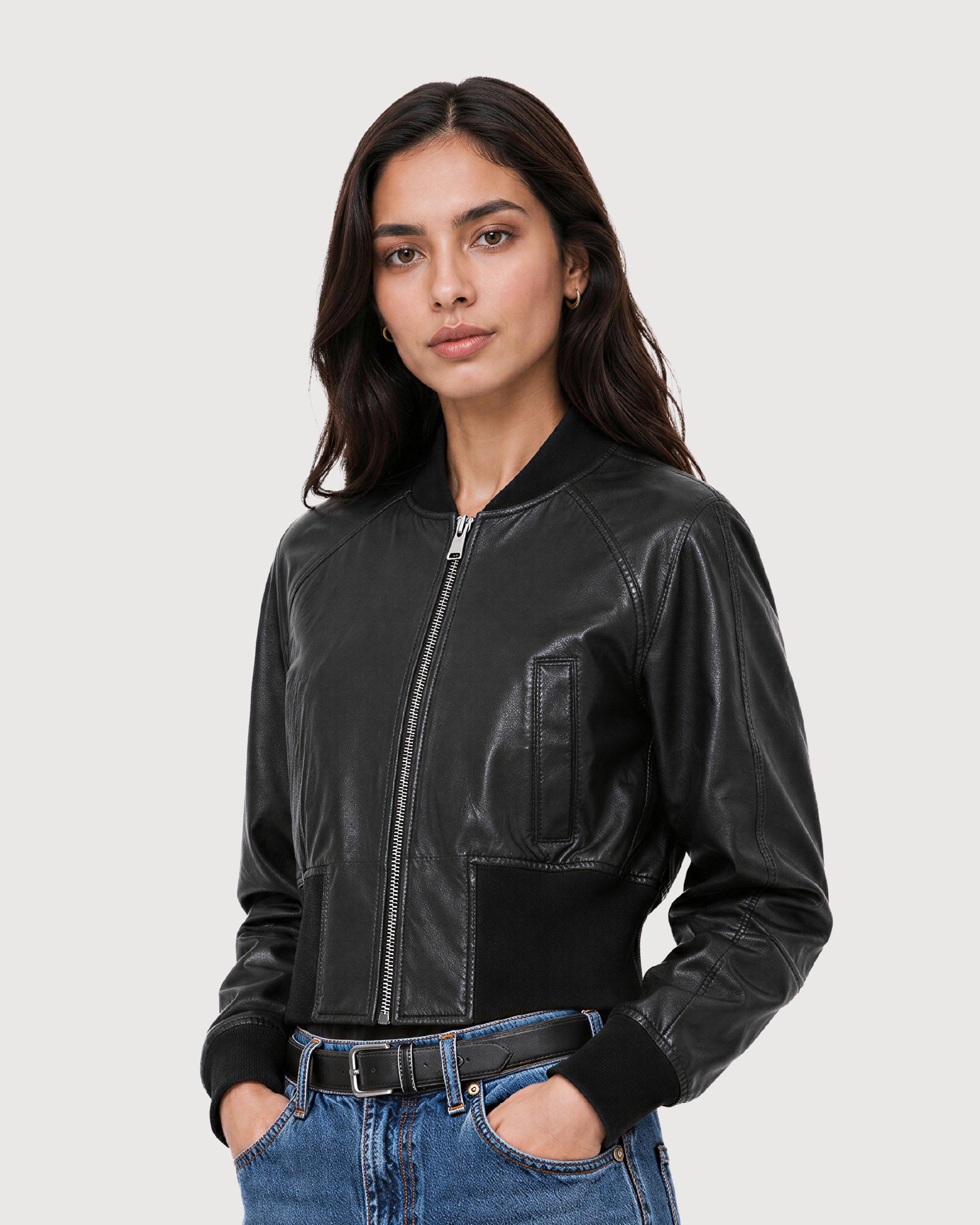 AVIA Black Ribbed Leather Bomber Jacket - Left