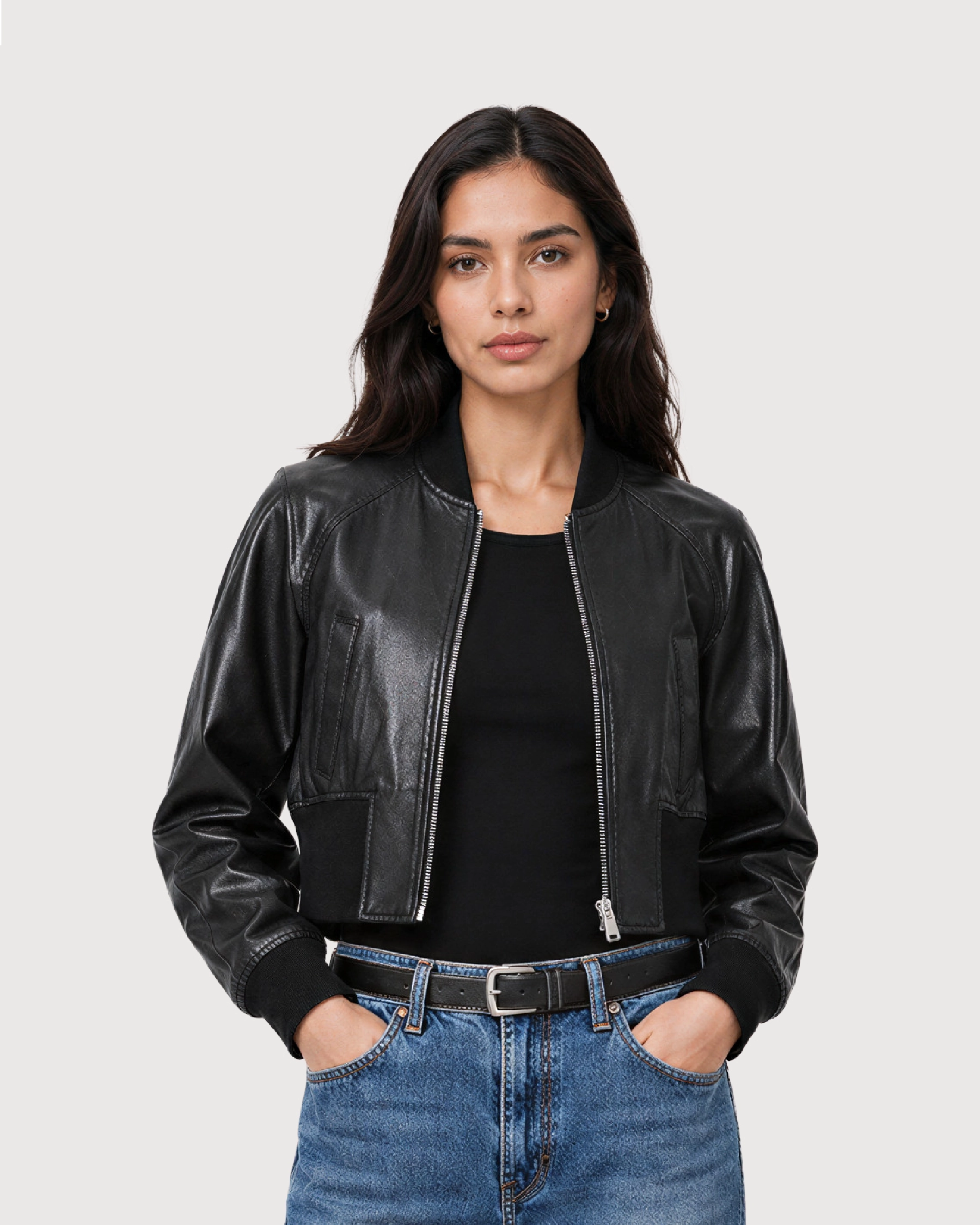 AVIA Black Ribbed Leather Bomber Jacket - Open Zipper