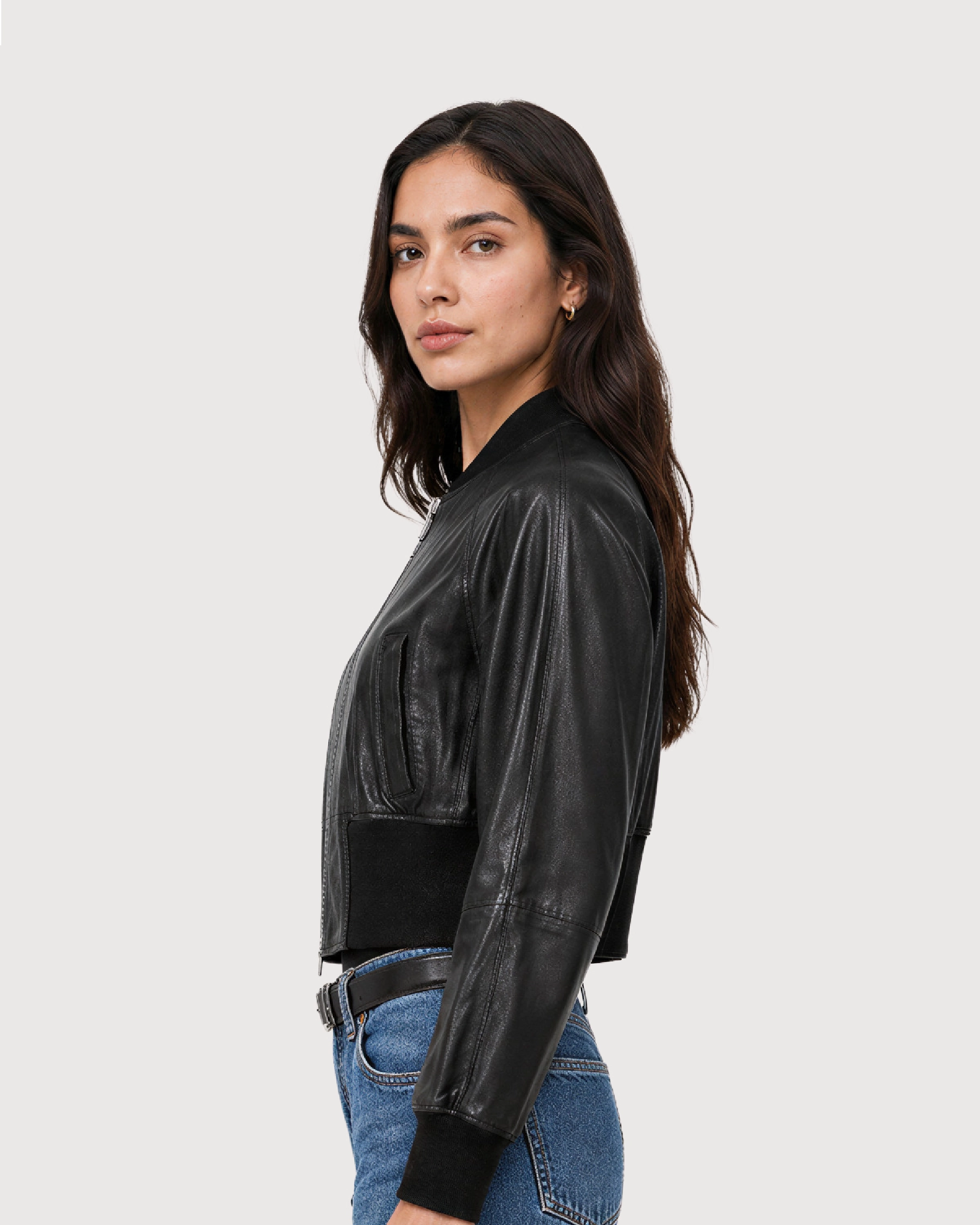AVIA Black Ribbed Leather Bomber Jacket - Side