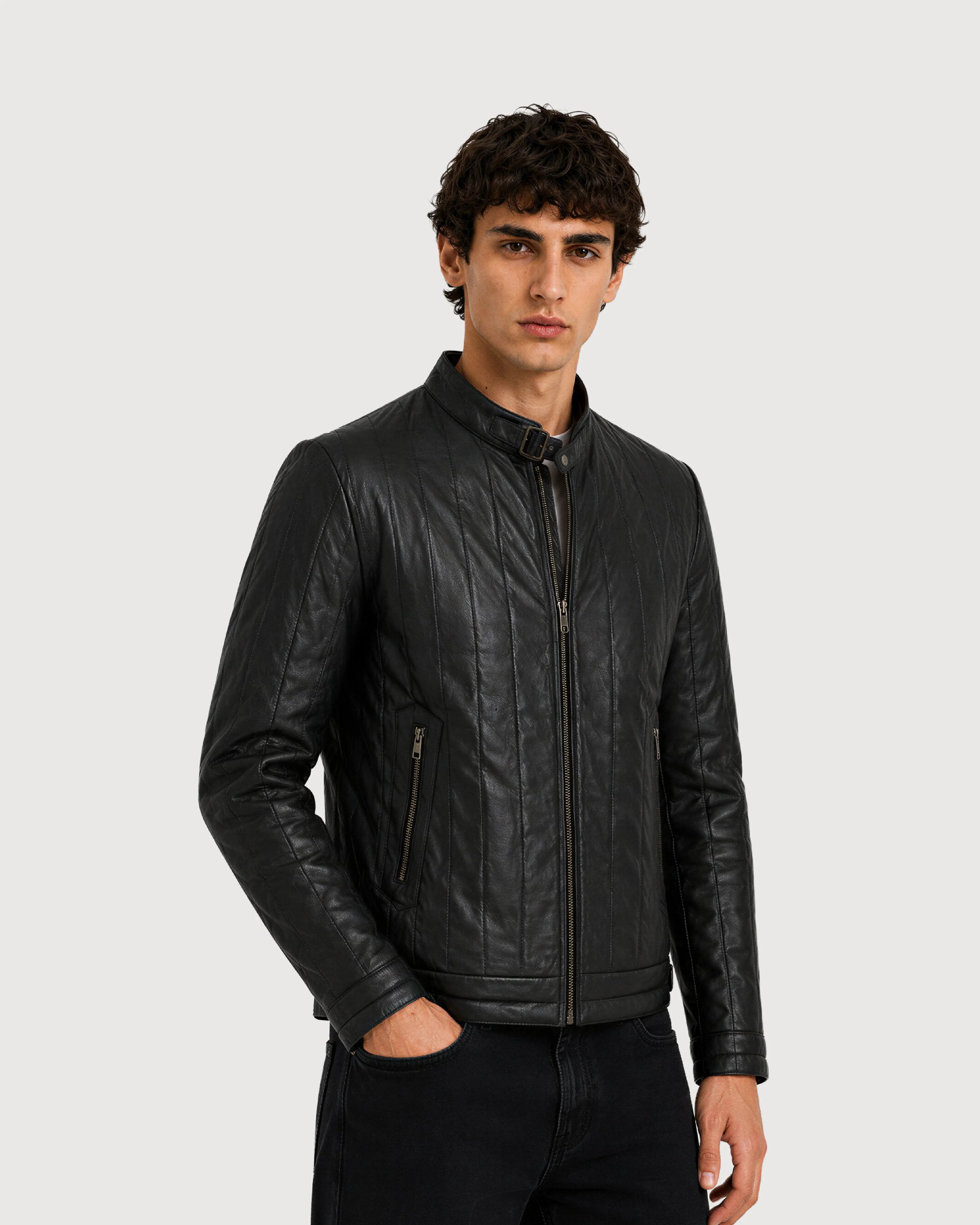 AXIS Black Quilted Racer Leather Jacket - Left