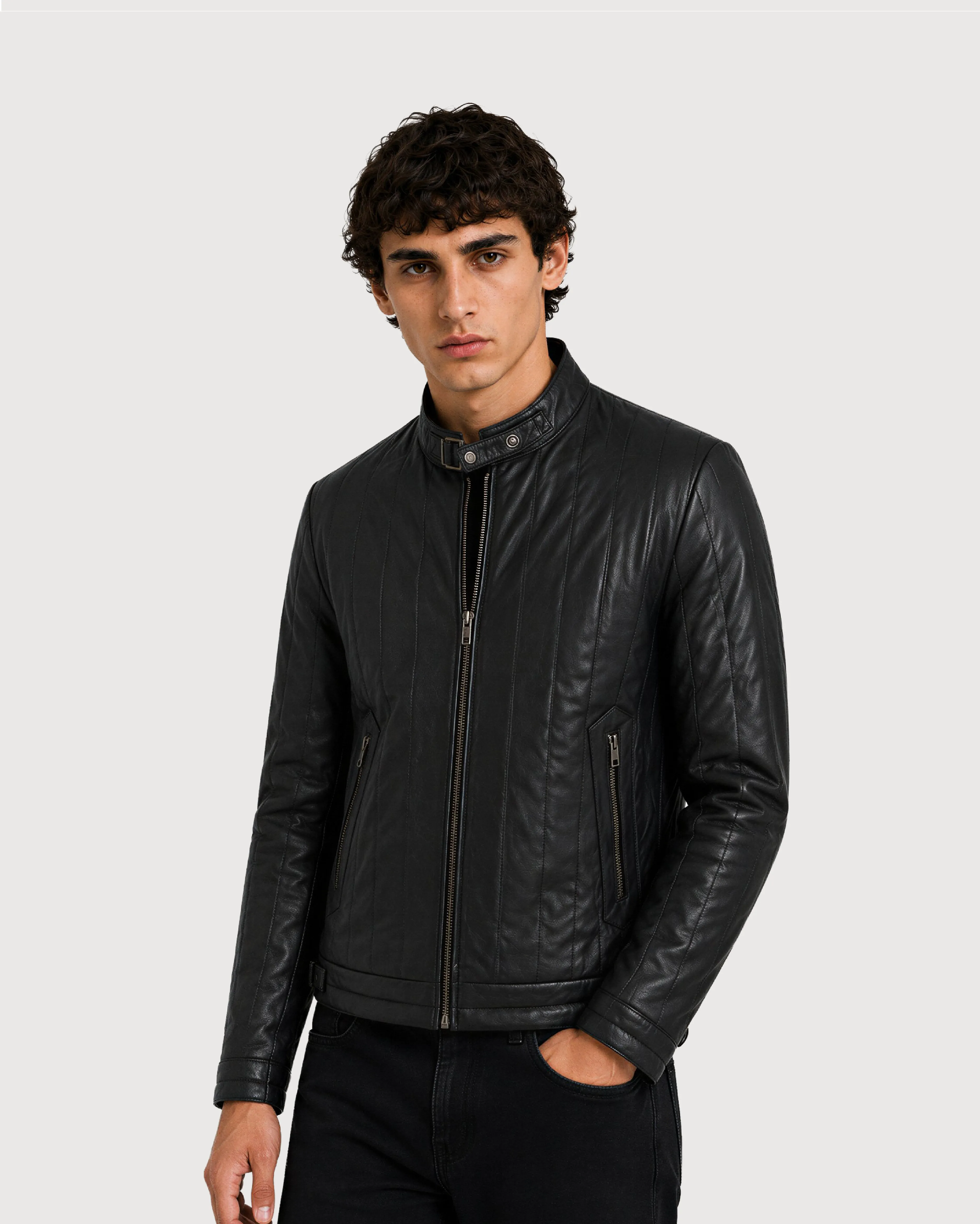 AXIS Black Quilted Racer Leather Jacket  - Right