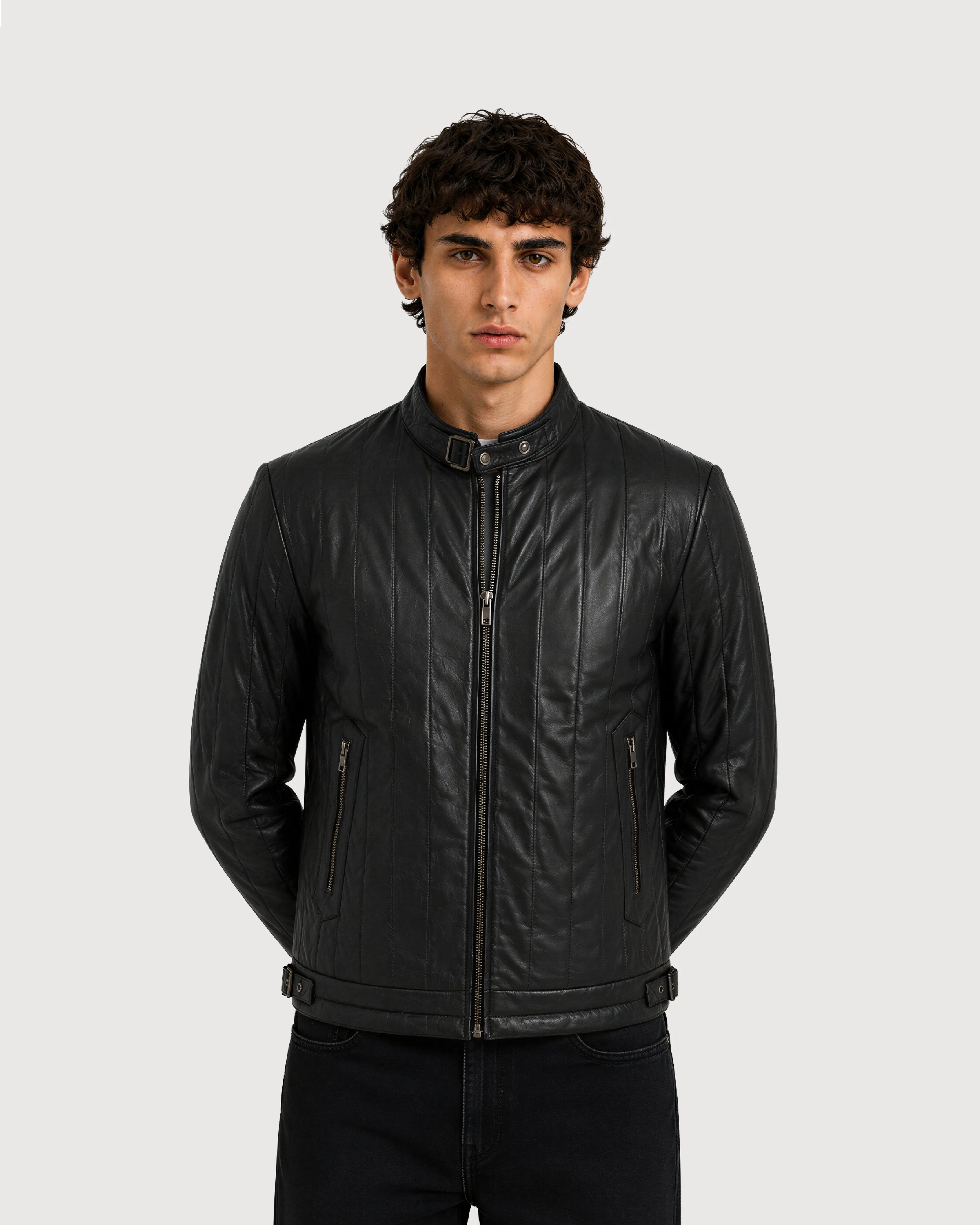 AXIS Black Quilted Racer Leather Jacket - Strap
