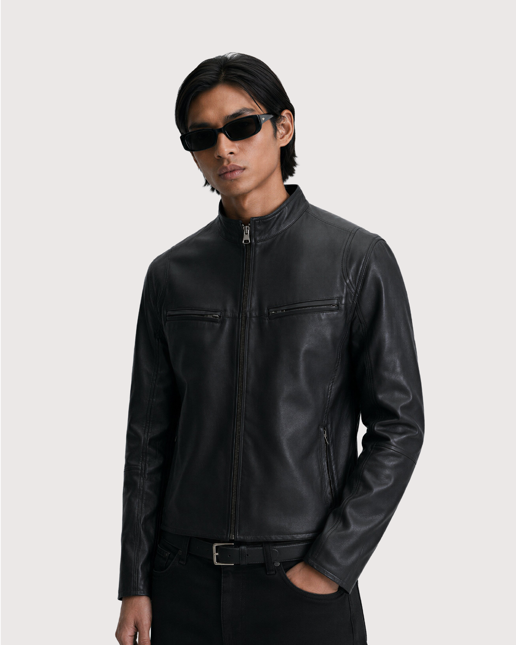 Ance Black Biker Leather Jacket - Front