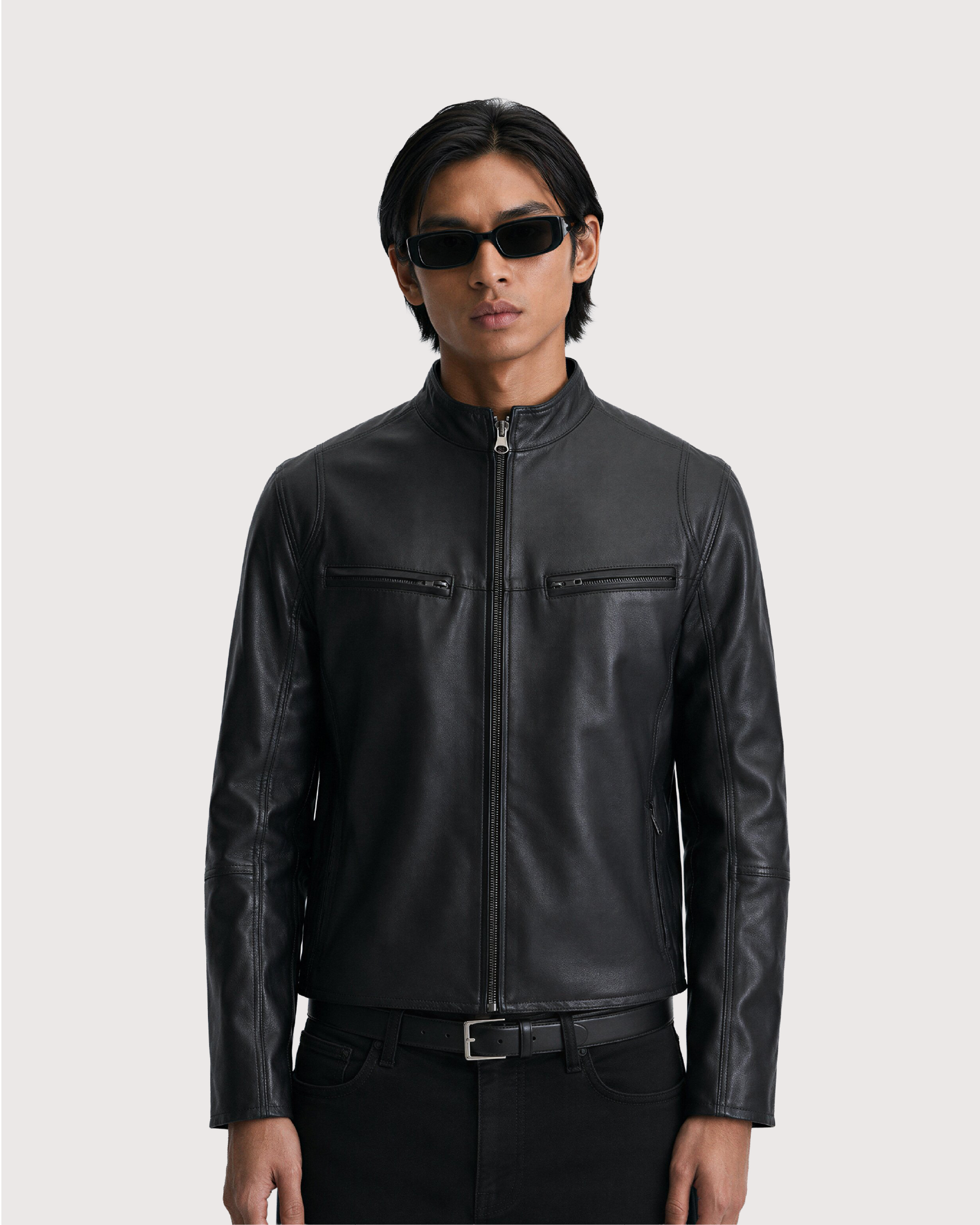 Ance Black Biker Leather Jacket - Mens