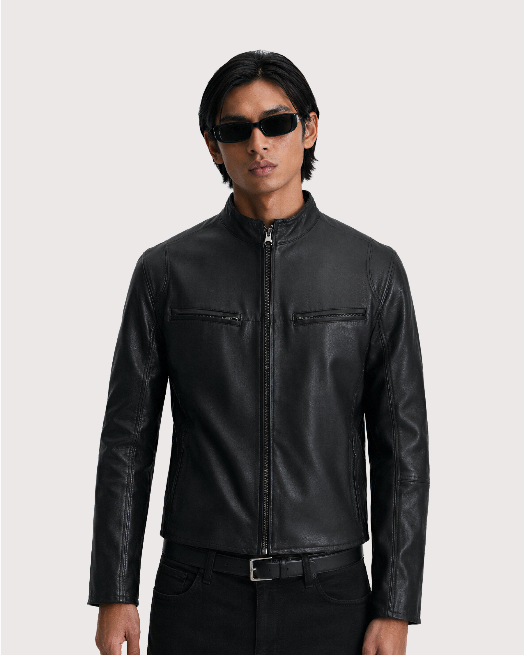 Ance Black Biker Leather Jacket - Zipped