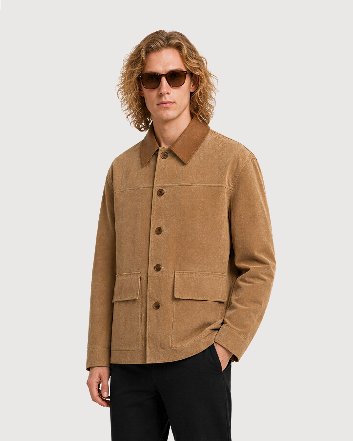 BRIX Tan Suede Trucker Leather Jacket - Left