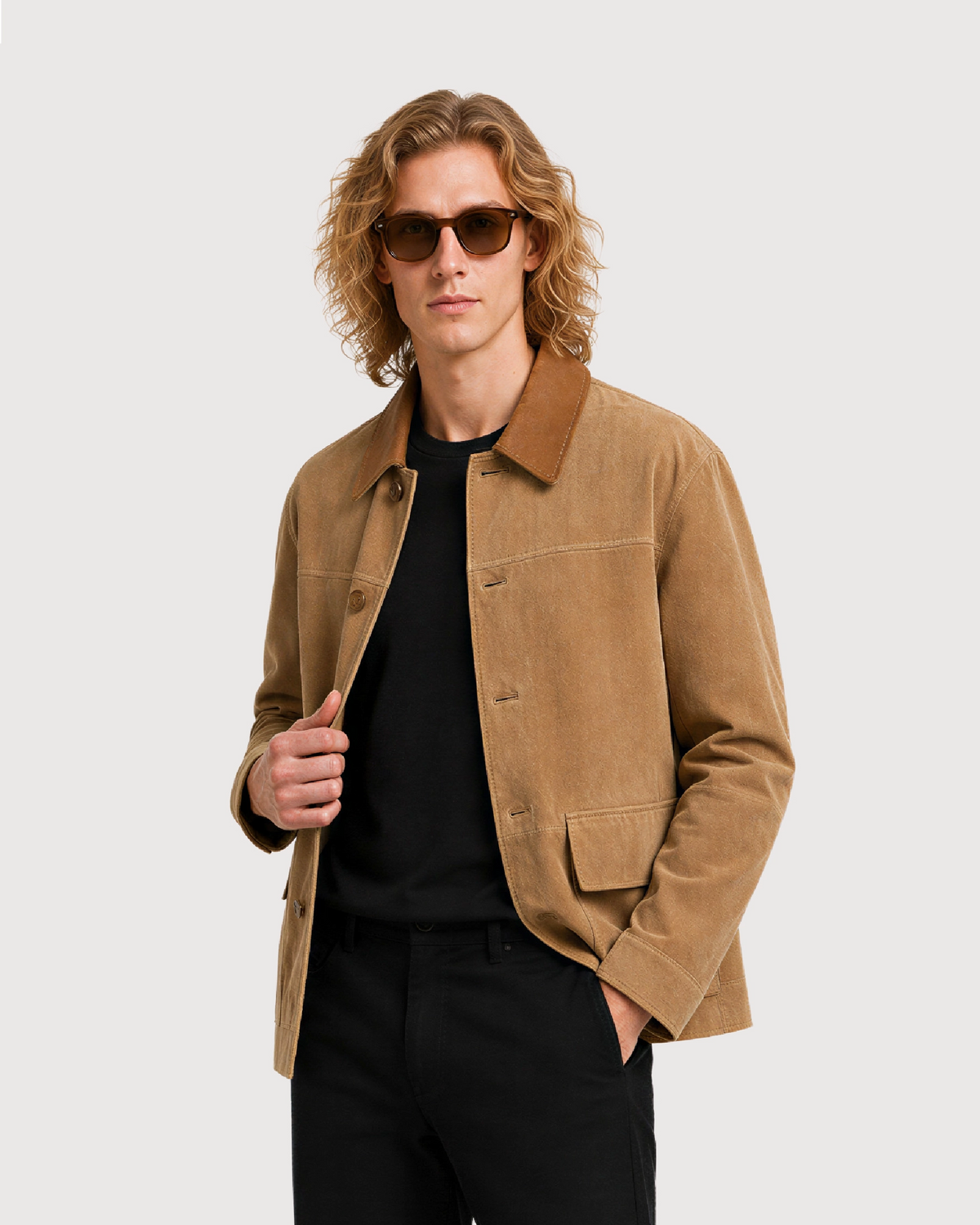 BRIX Tan Suede Trucker Leather Jacket - Open Button