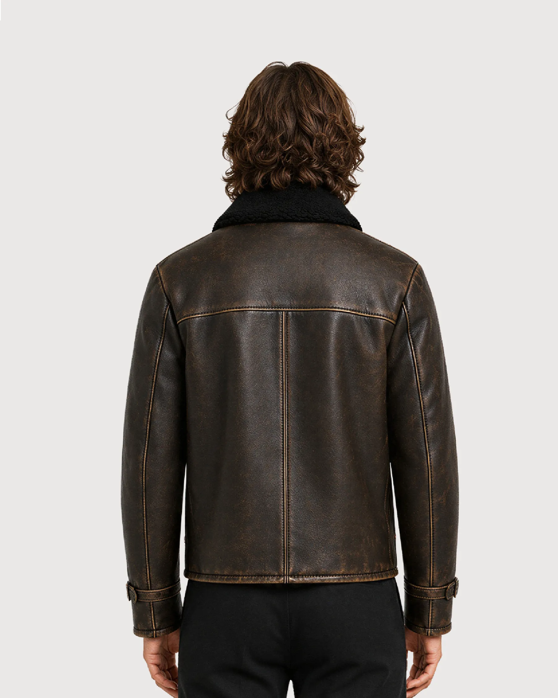 BRONSON Distressed Brown Shearling Leather Jacket - Back Pattern