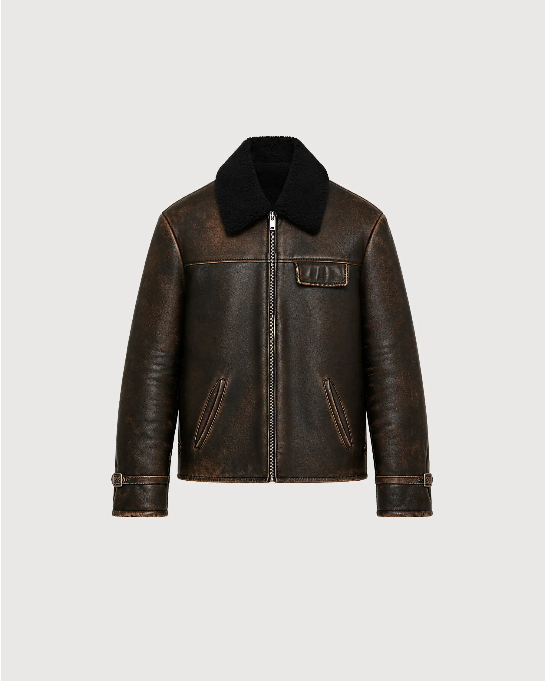 BRONSON Distressed Brown Shearling Leather Jacket - Front