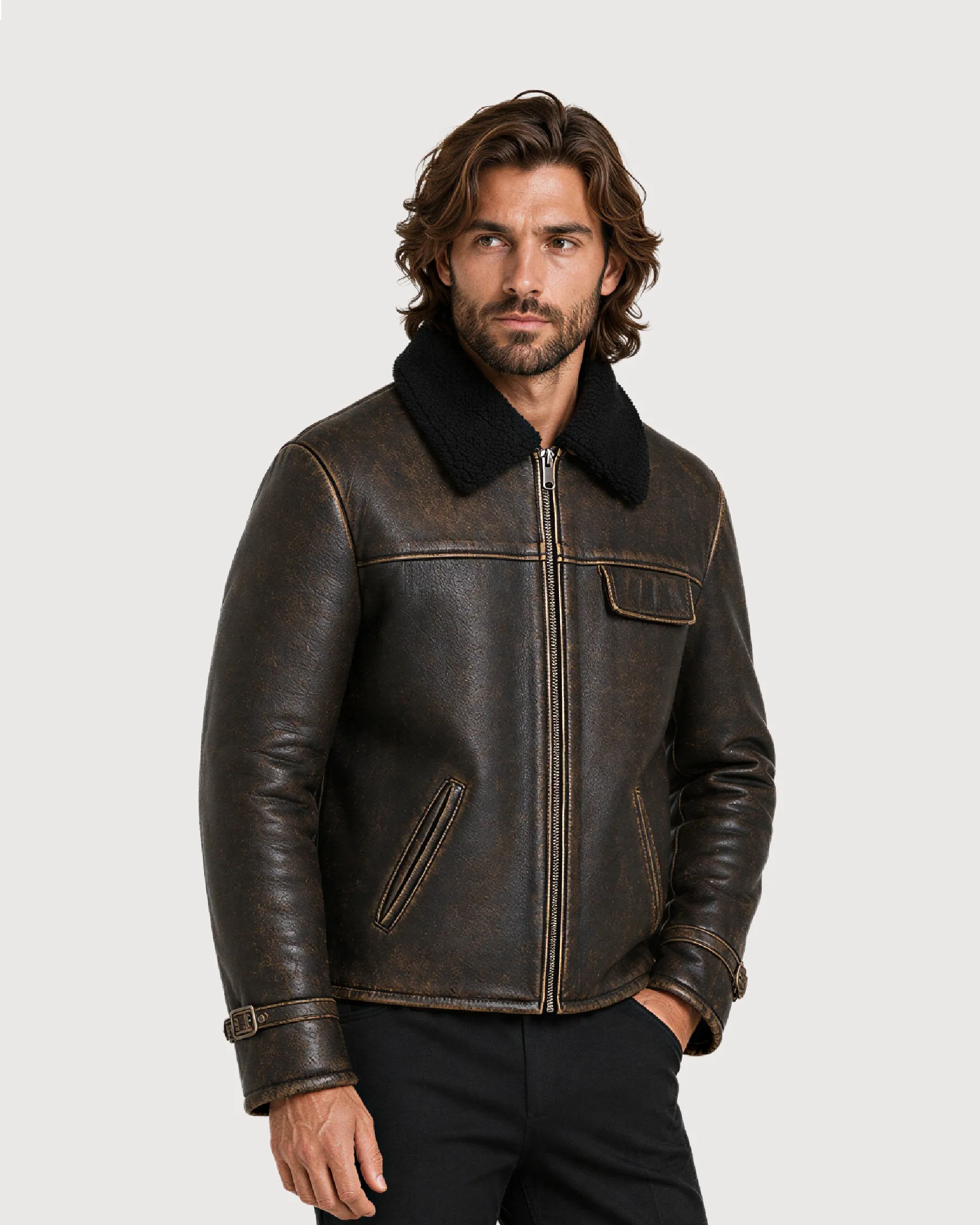 BRONSON Distressed Brown Shearling Leather Jacket - Left