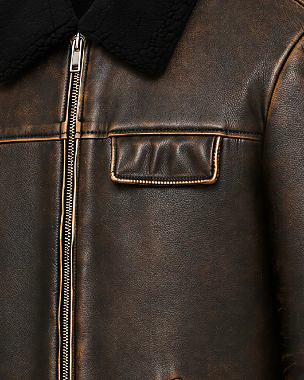 BRONSON Distressed Brown Shearling Leather Jacket - Pocket