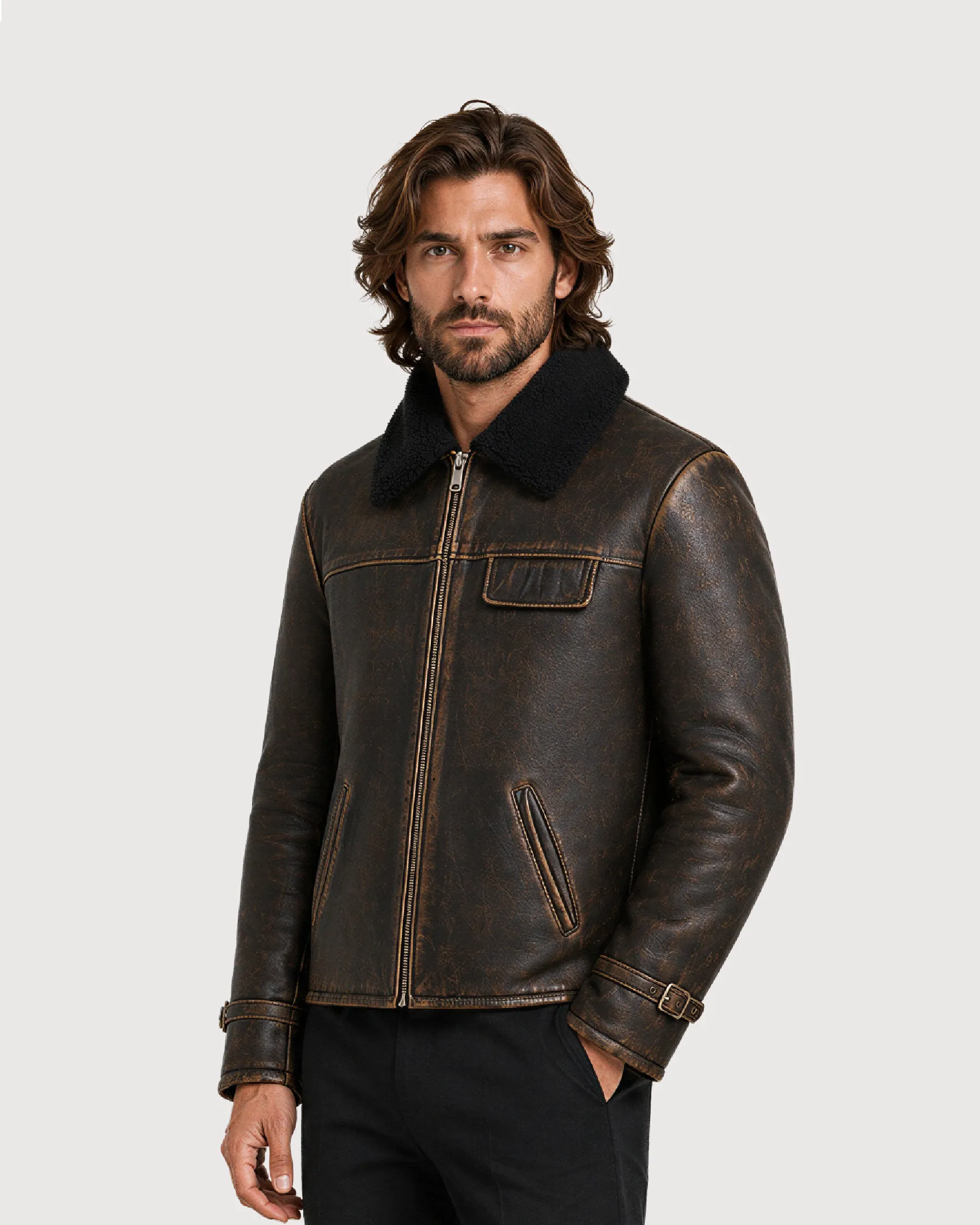 BRONSON Distressed Brown Shearling Leather Jacket - Side