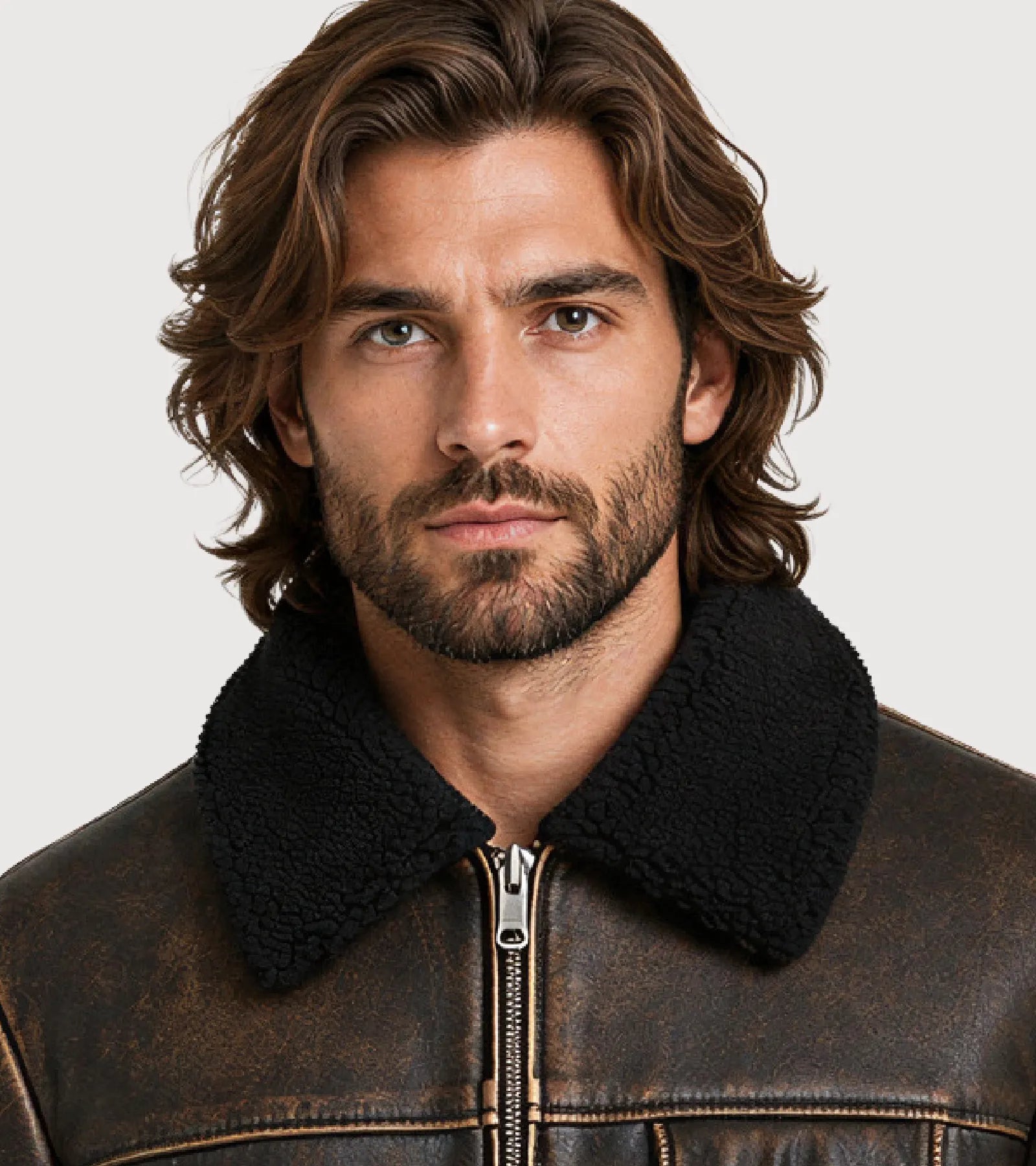 BRONSON Distressed Brown Shearling Leather Jacket - Zoom