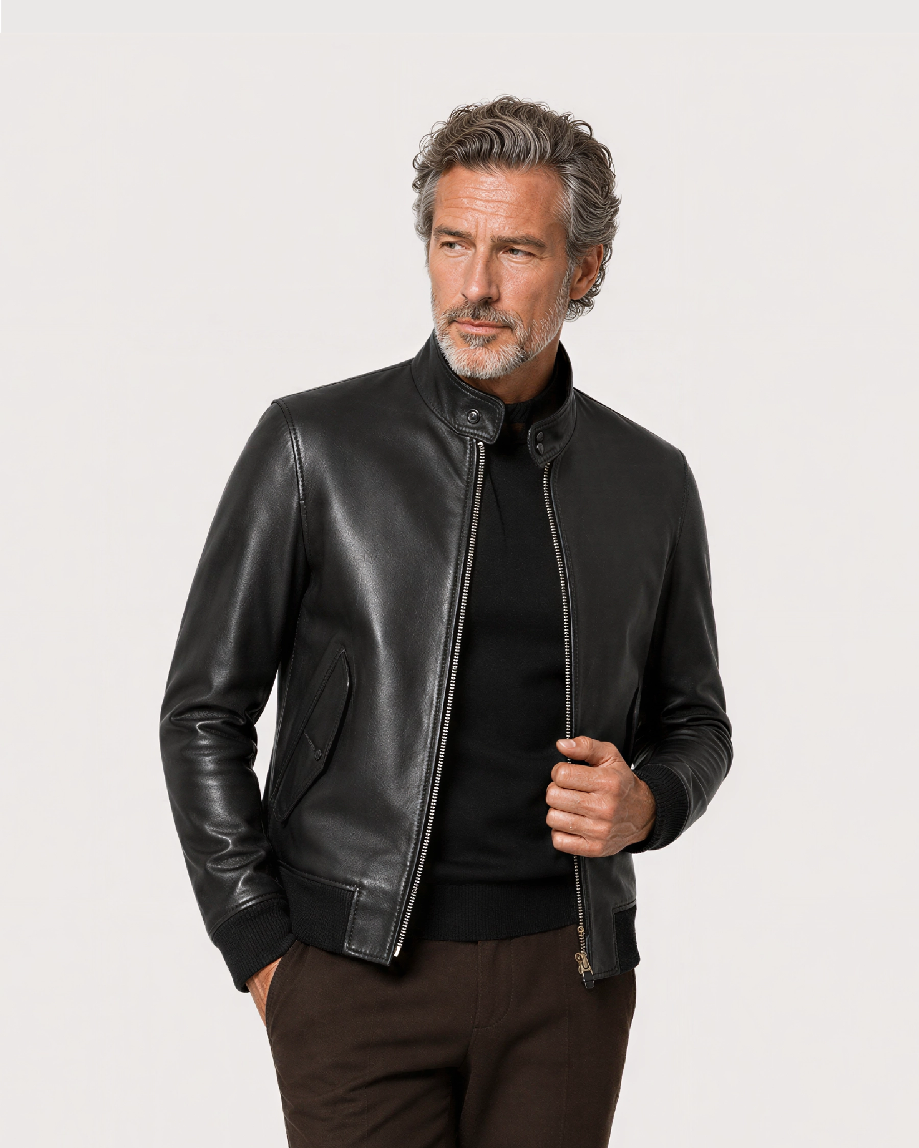 CALDER Black Leather Flight Jacket - Open Zipper