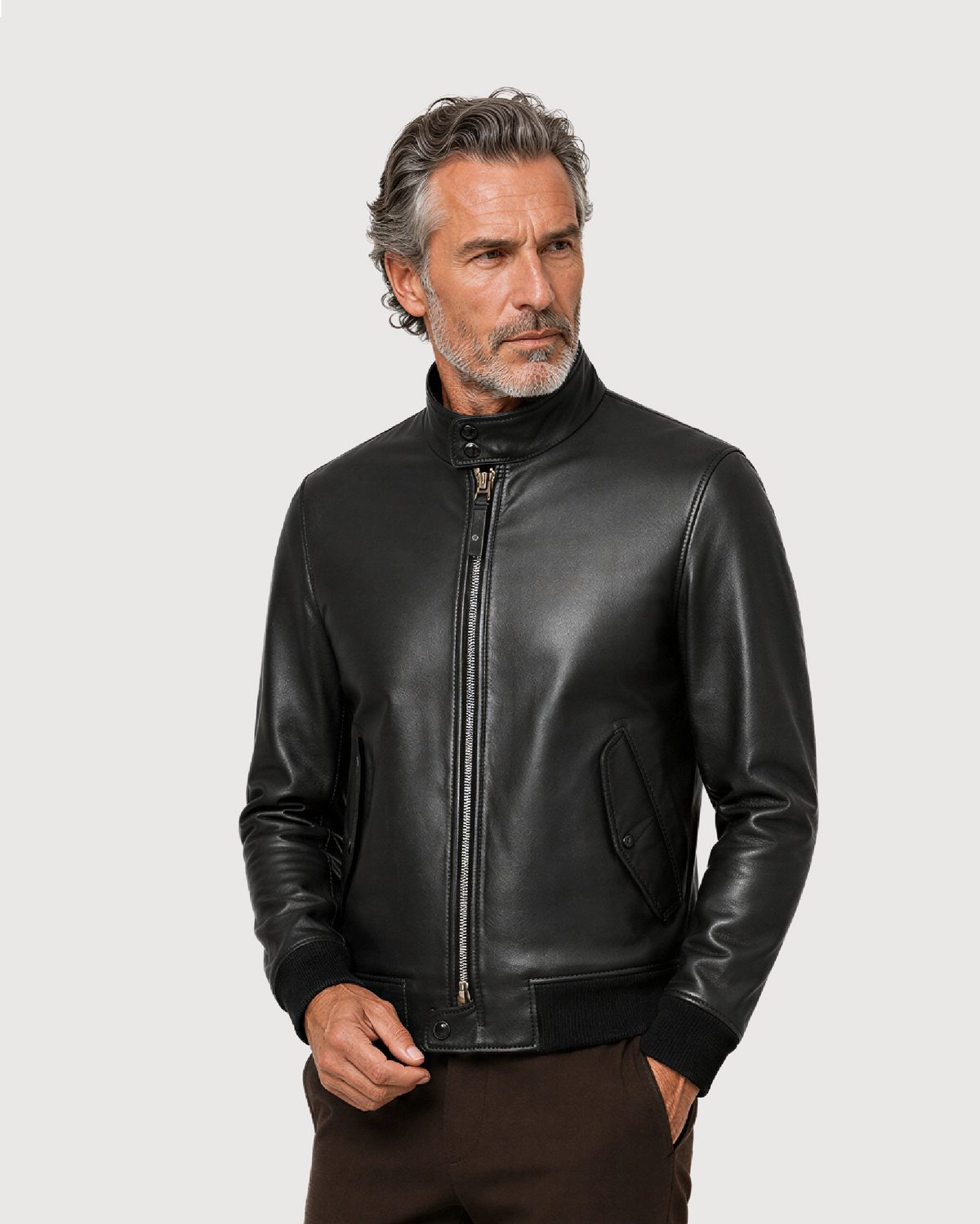 CALDER Black Leather Flight Jacket - Side