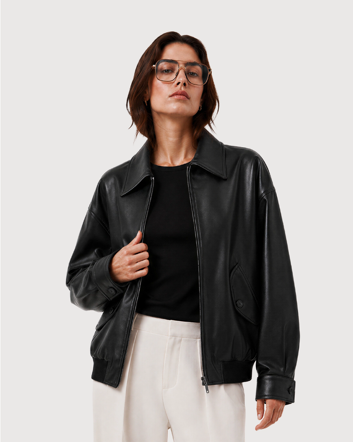 CAVO Black Leather Flight Jacket - Open Zipper