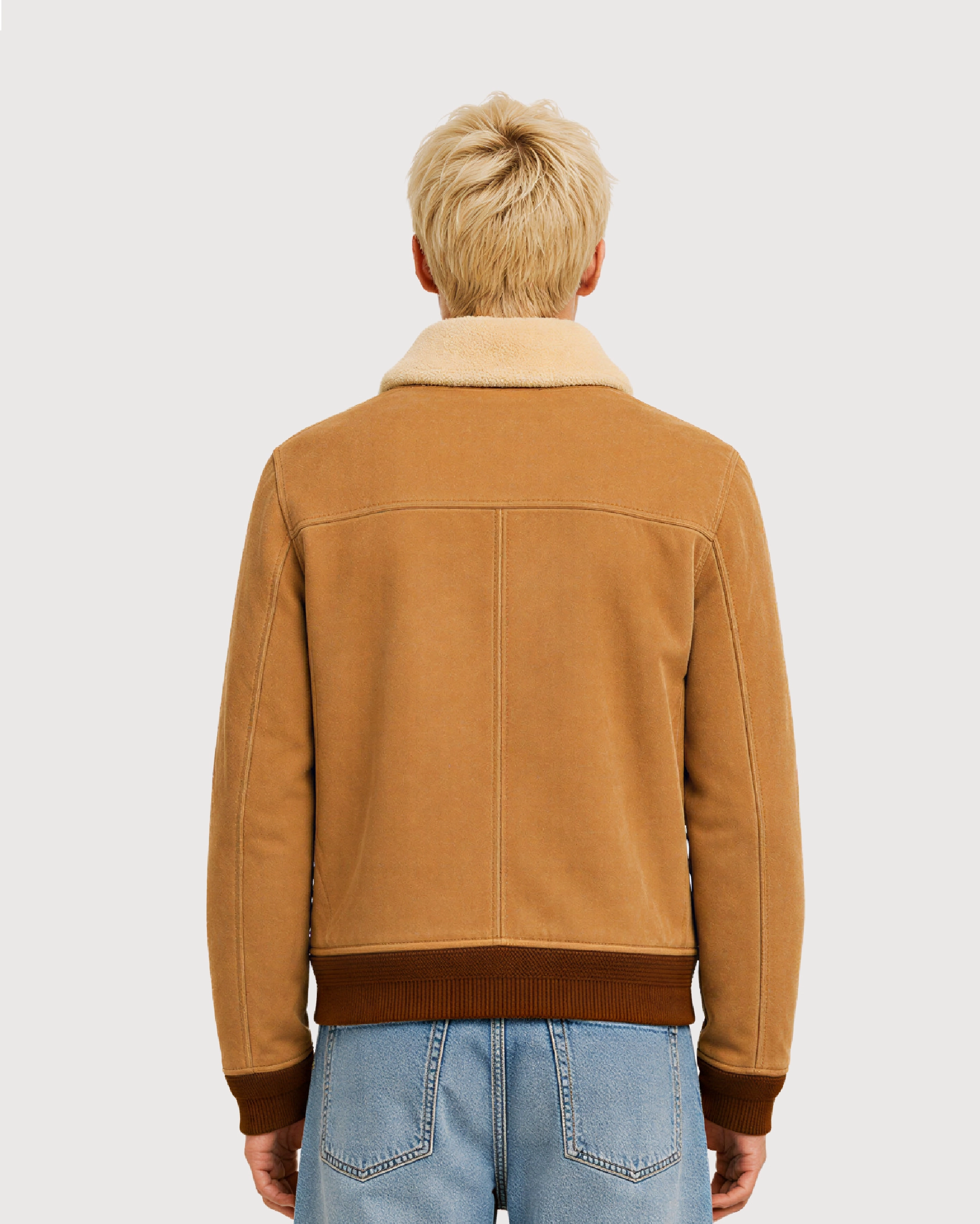COVE Beige Suede Shearling Bomber Leather Jacket - Back Pose