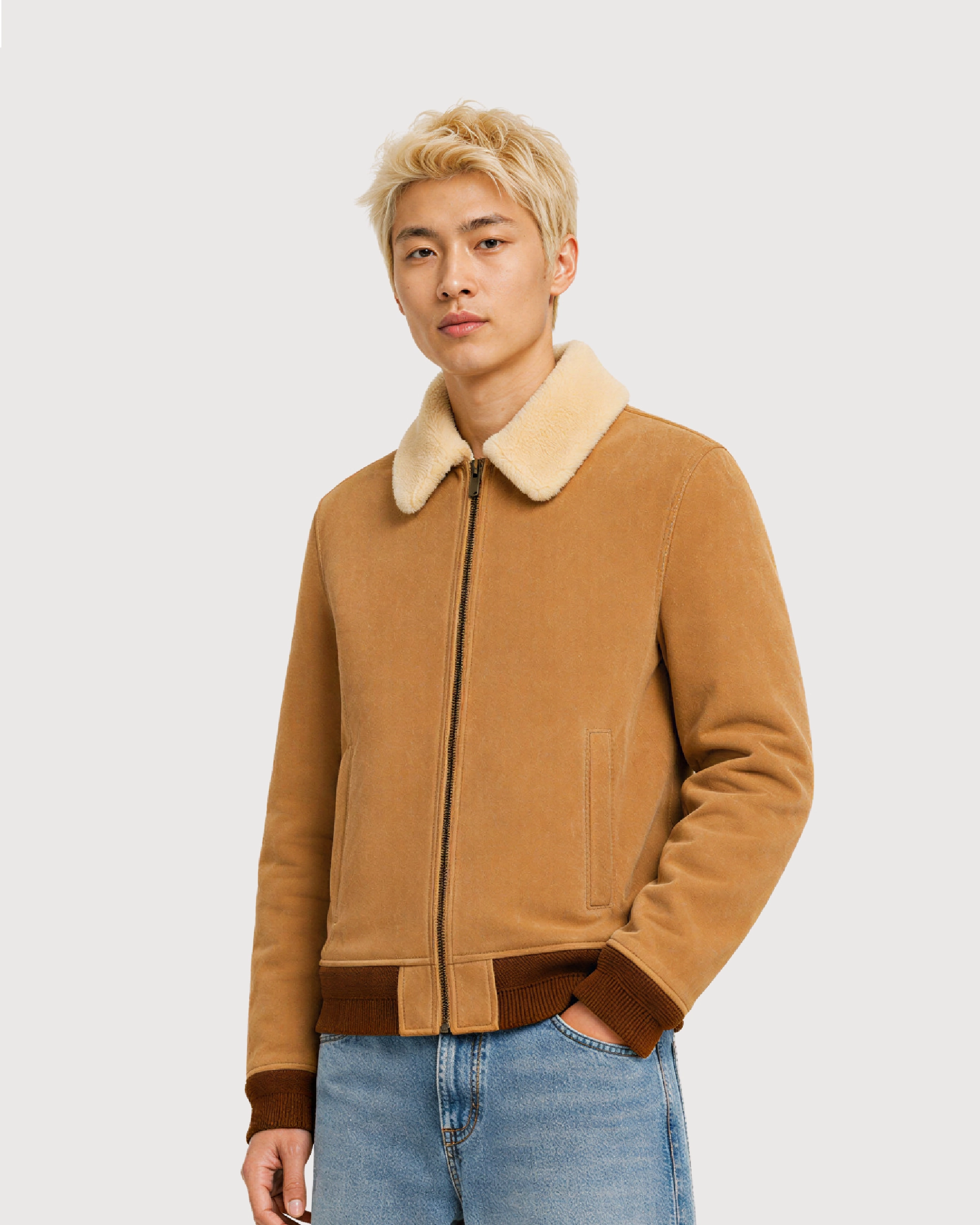 COVE Beige Suede Shearling Bomber Leather Jacket - Left