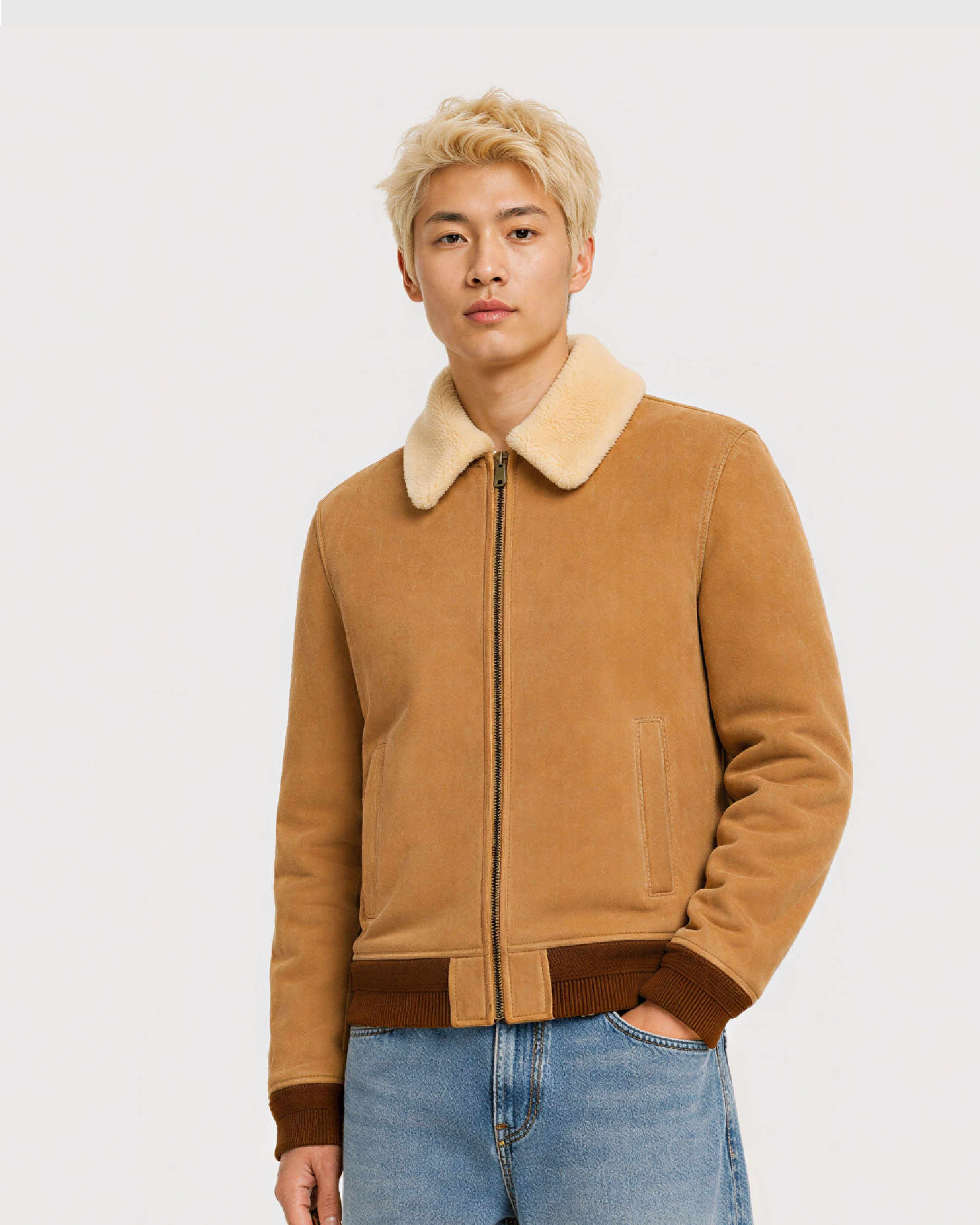 COVE Beige Suede Shearling Bomber Leather Jacket - Right