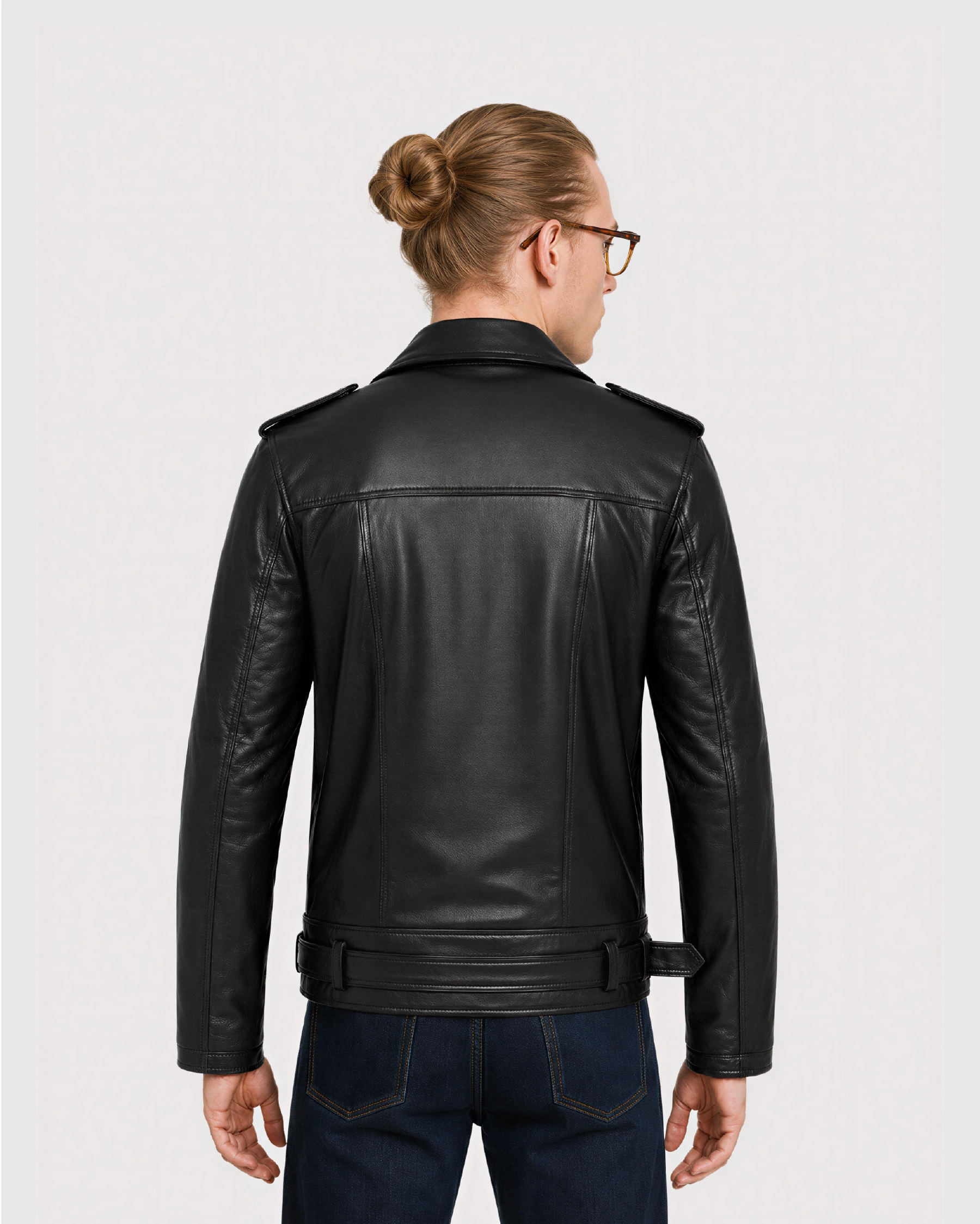 CRUX Black Belted Biker Leather Jacket - Back