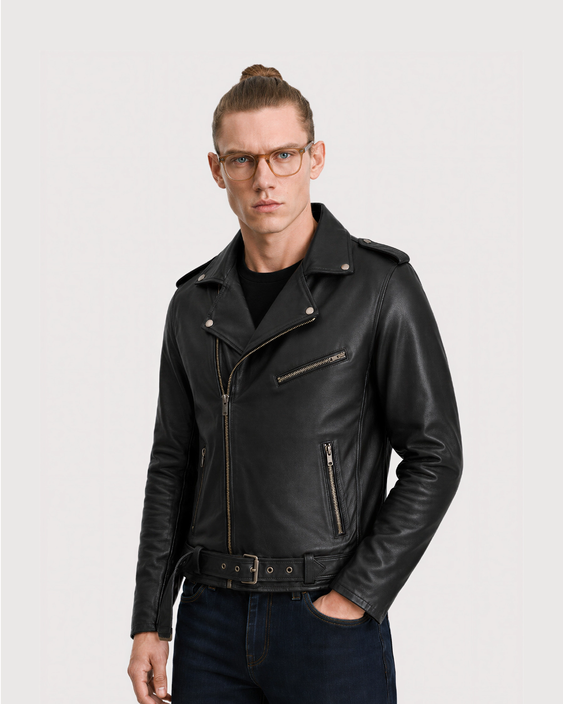 CRUX Black Belted Biker Leather Jacket - Pose