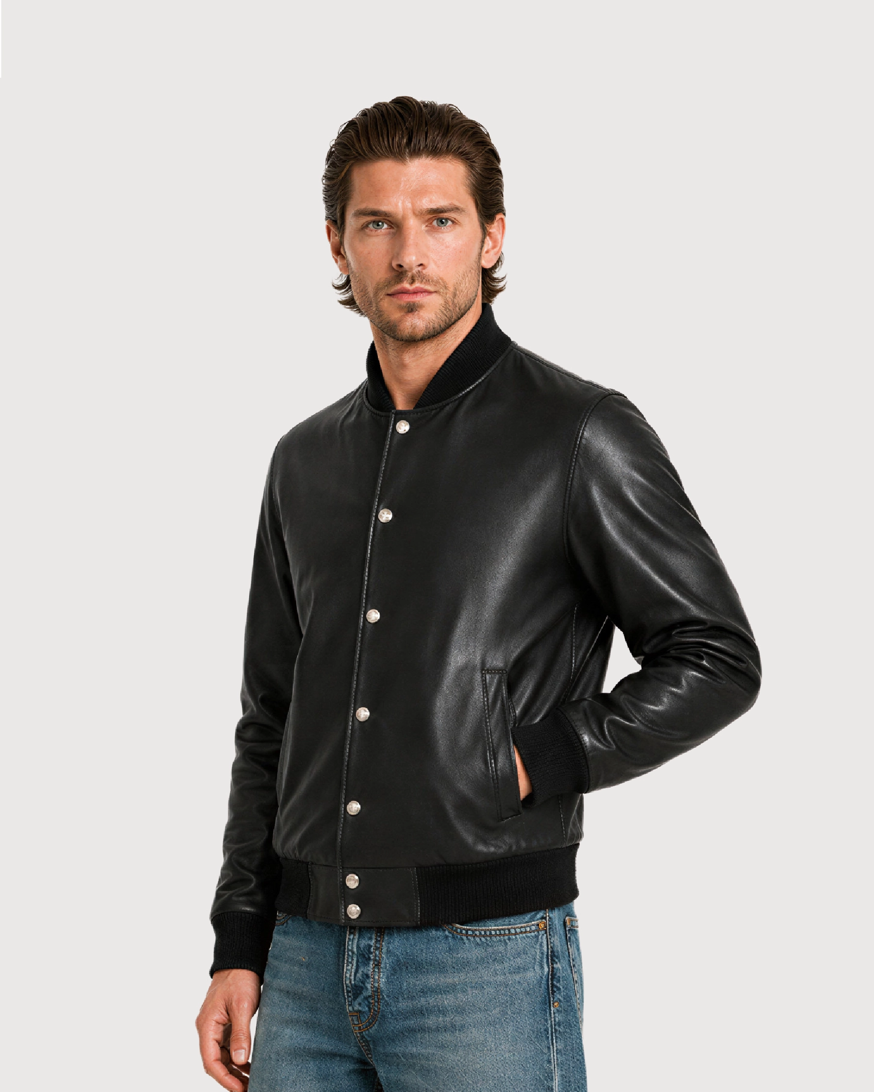 DAX Black Varsity Bomber Leather Jacket - Side