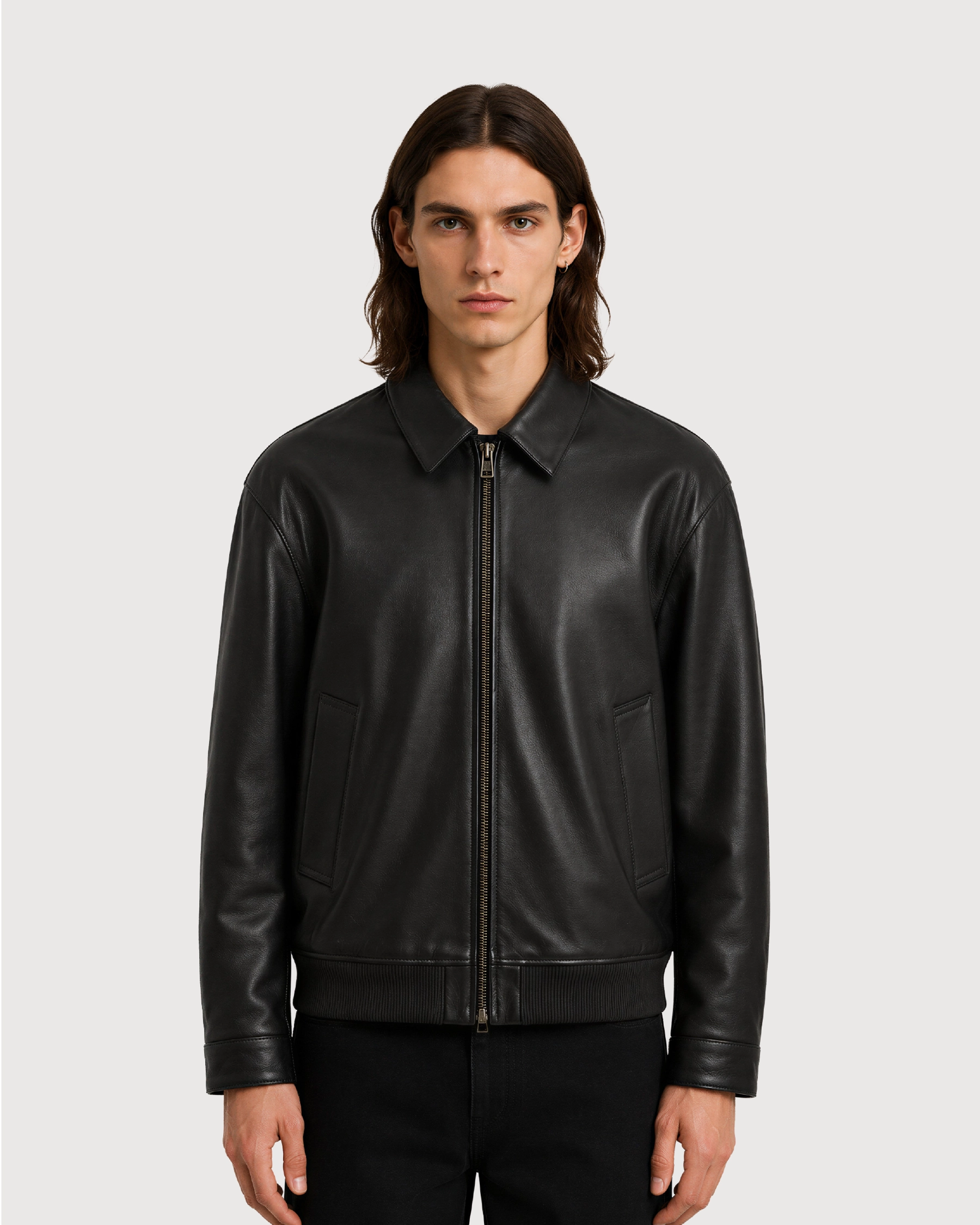 DRAKE Black Collared Leather Jacket