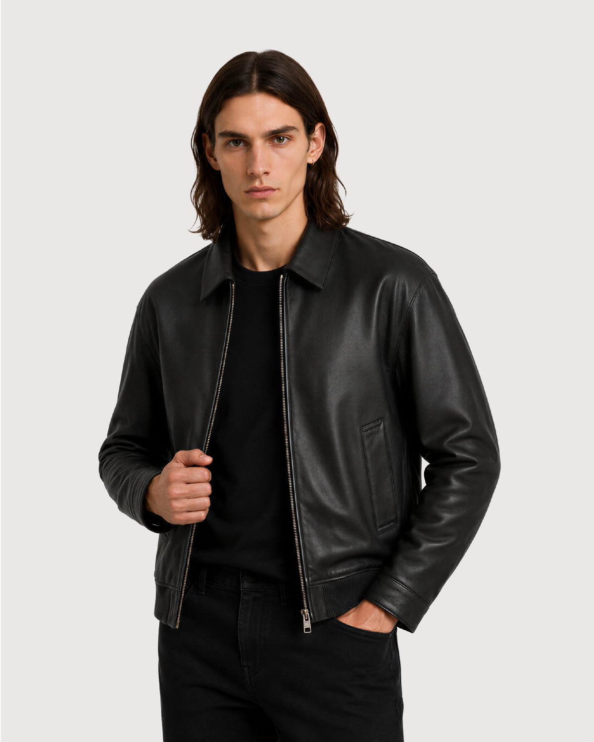 DRAKE Black Collared Leather Jacket - Open Zipper