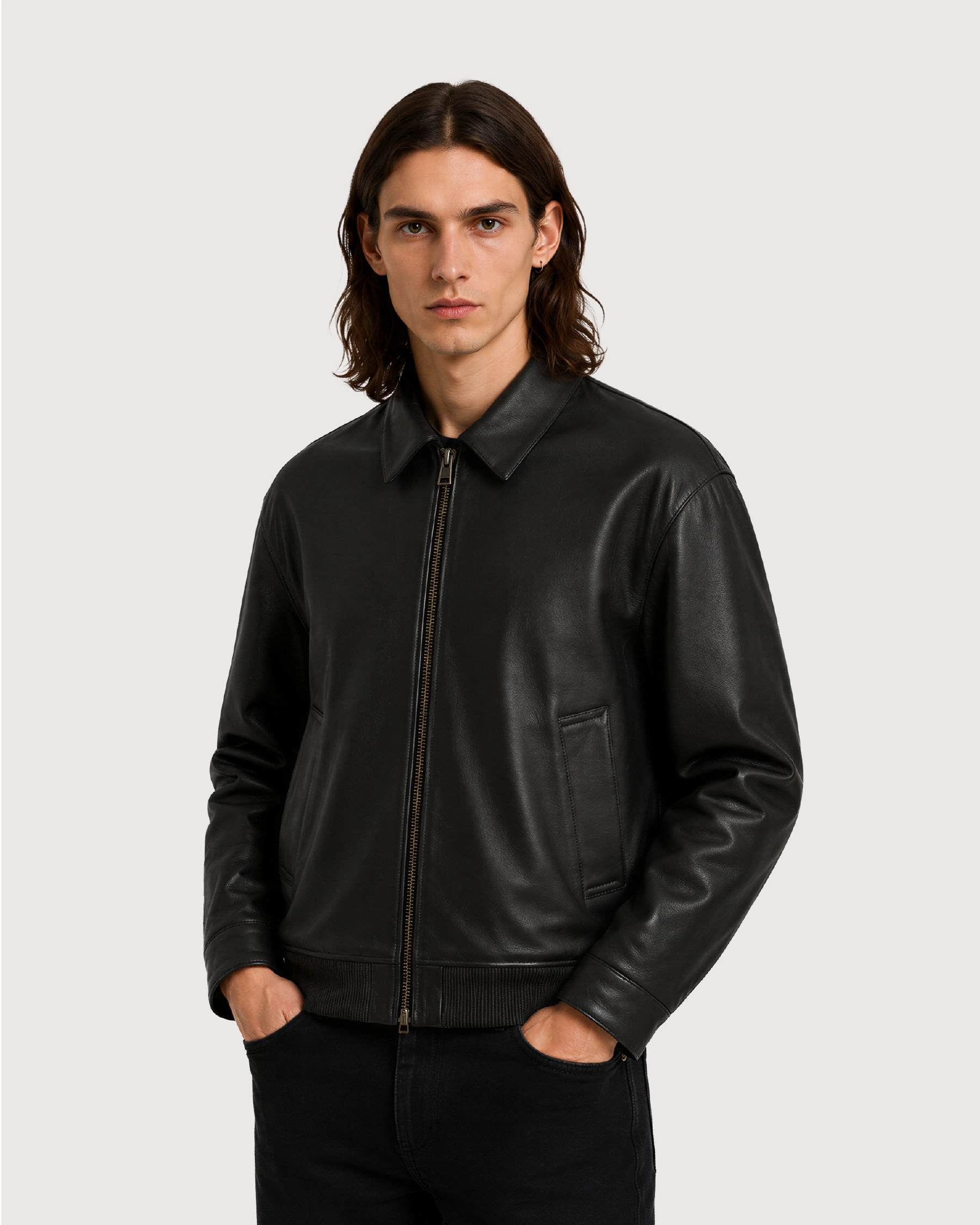 DRAKE Black Collared Leather Jacket - Right