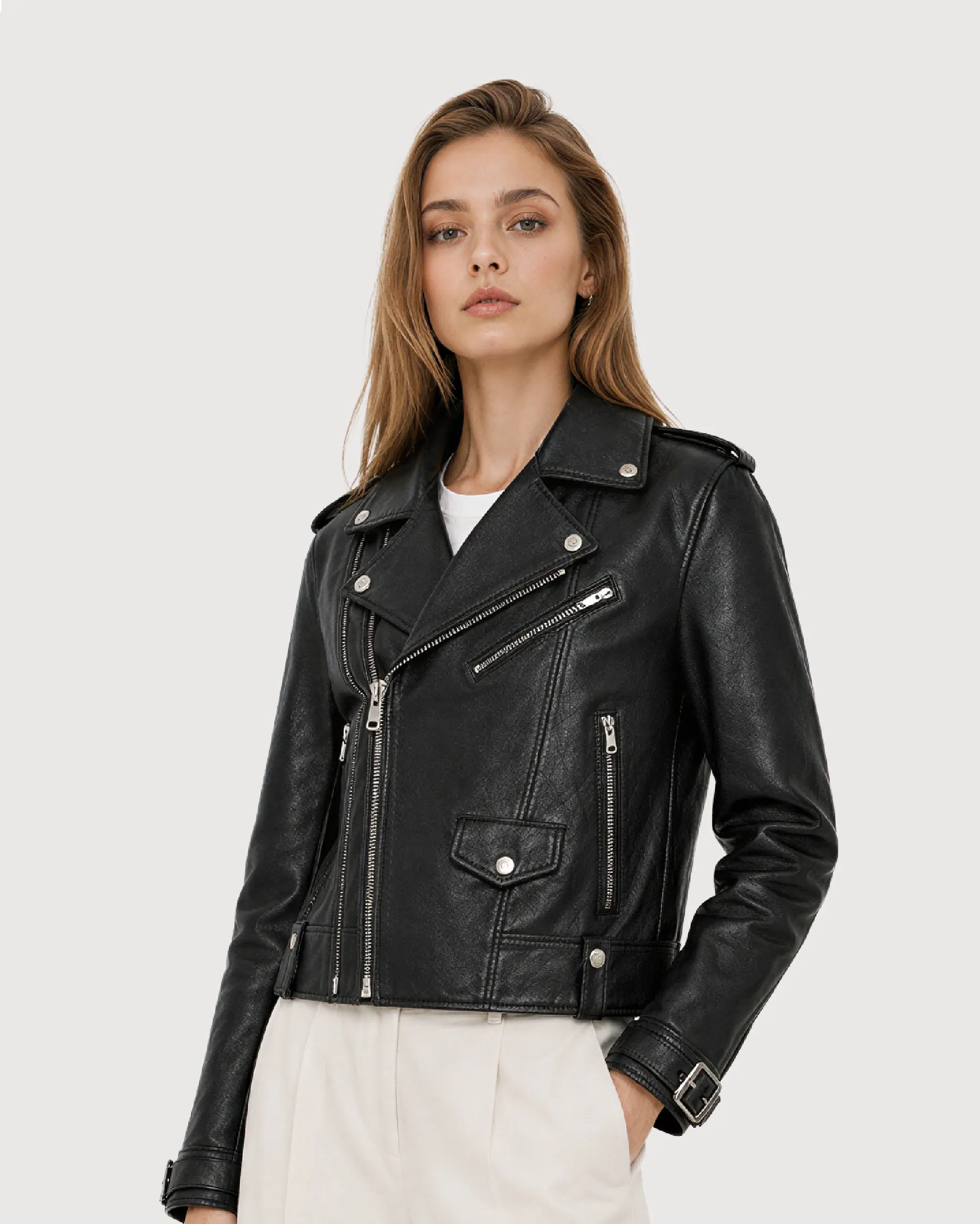 ELARA Black Cropped Biker Leather Jacket