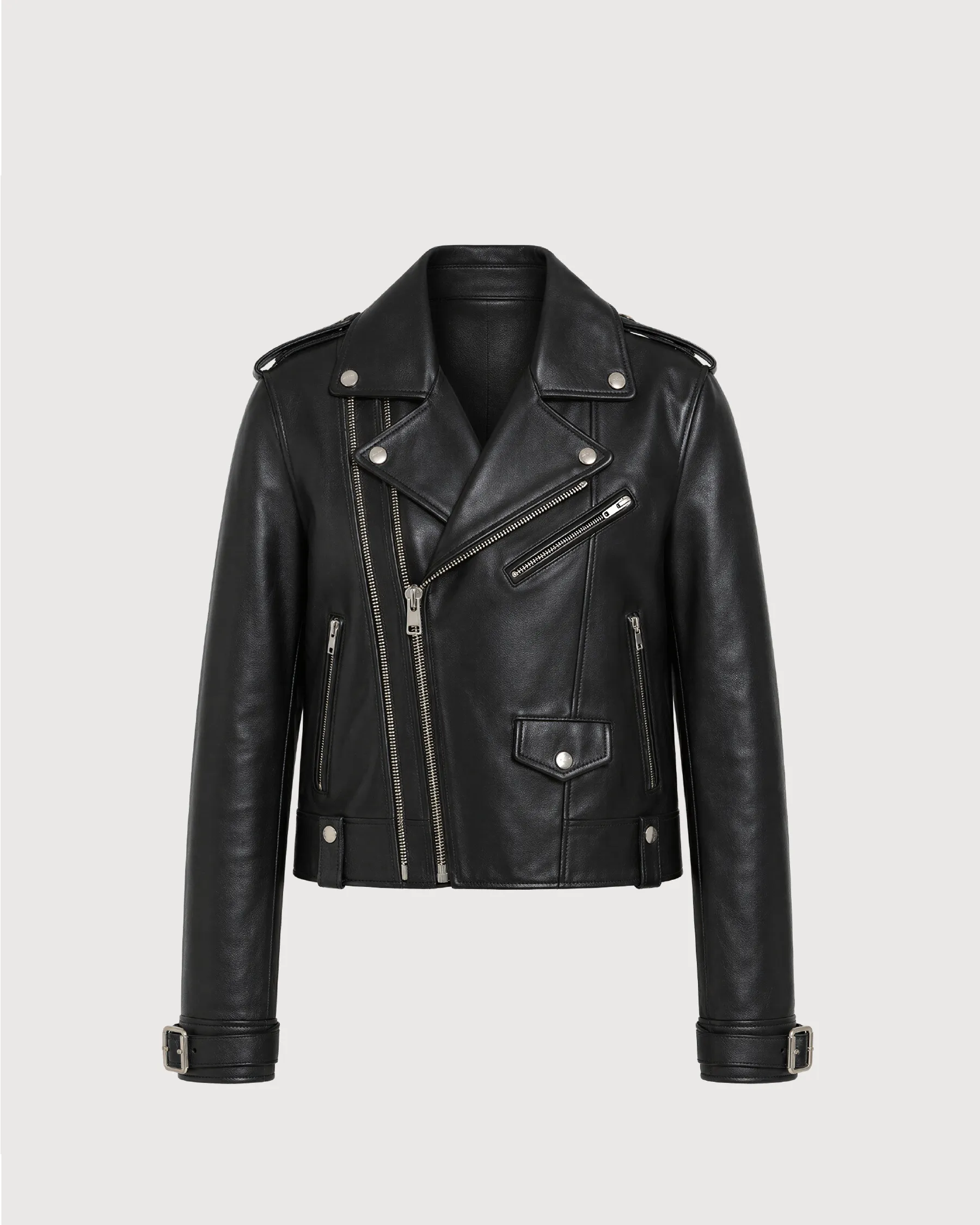 ELARA Black Cropped Biker Leather Jacket - Front