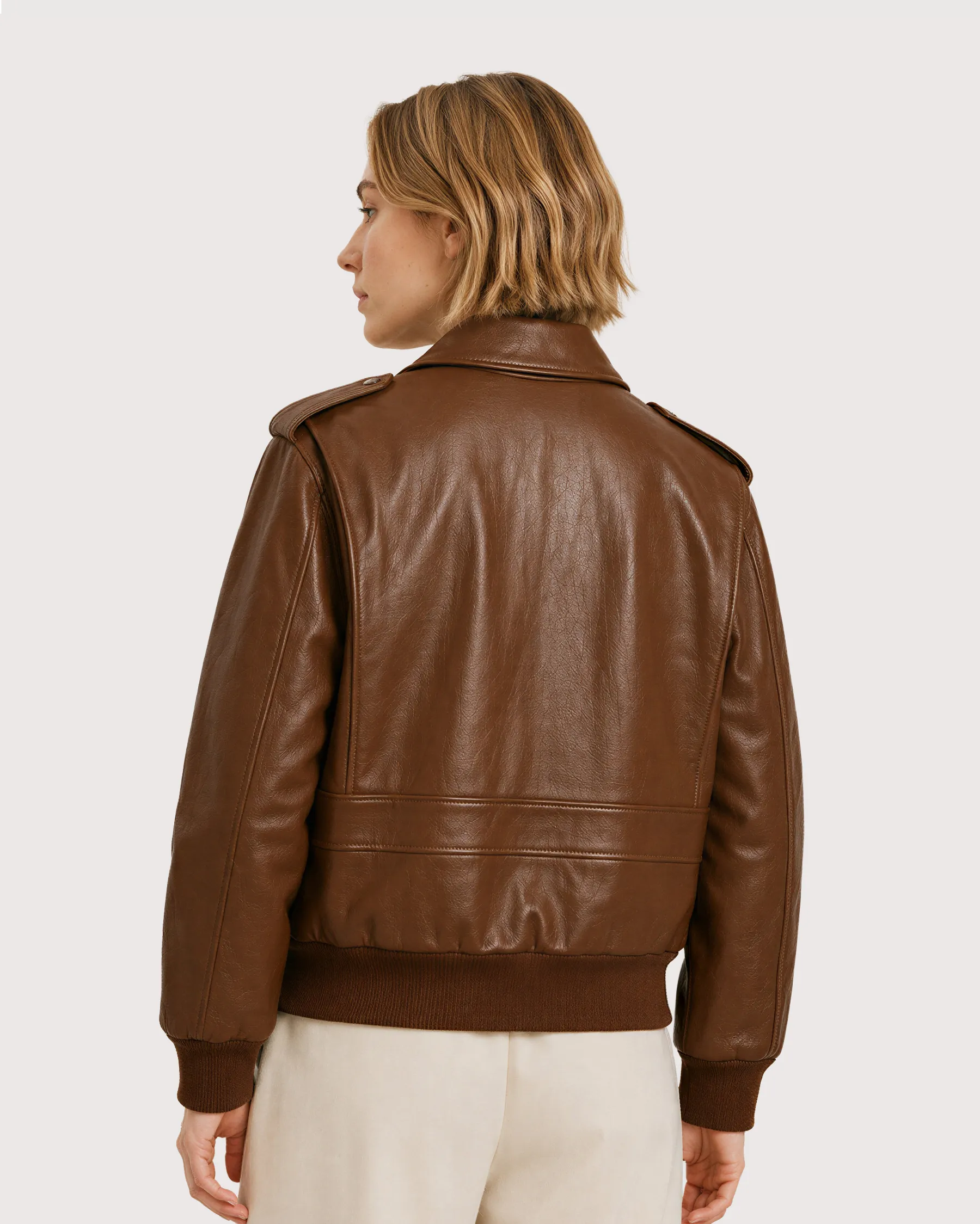 HALEN Brown Leather Flight Bomber Jacket - Back