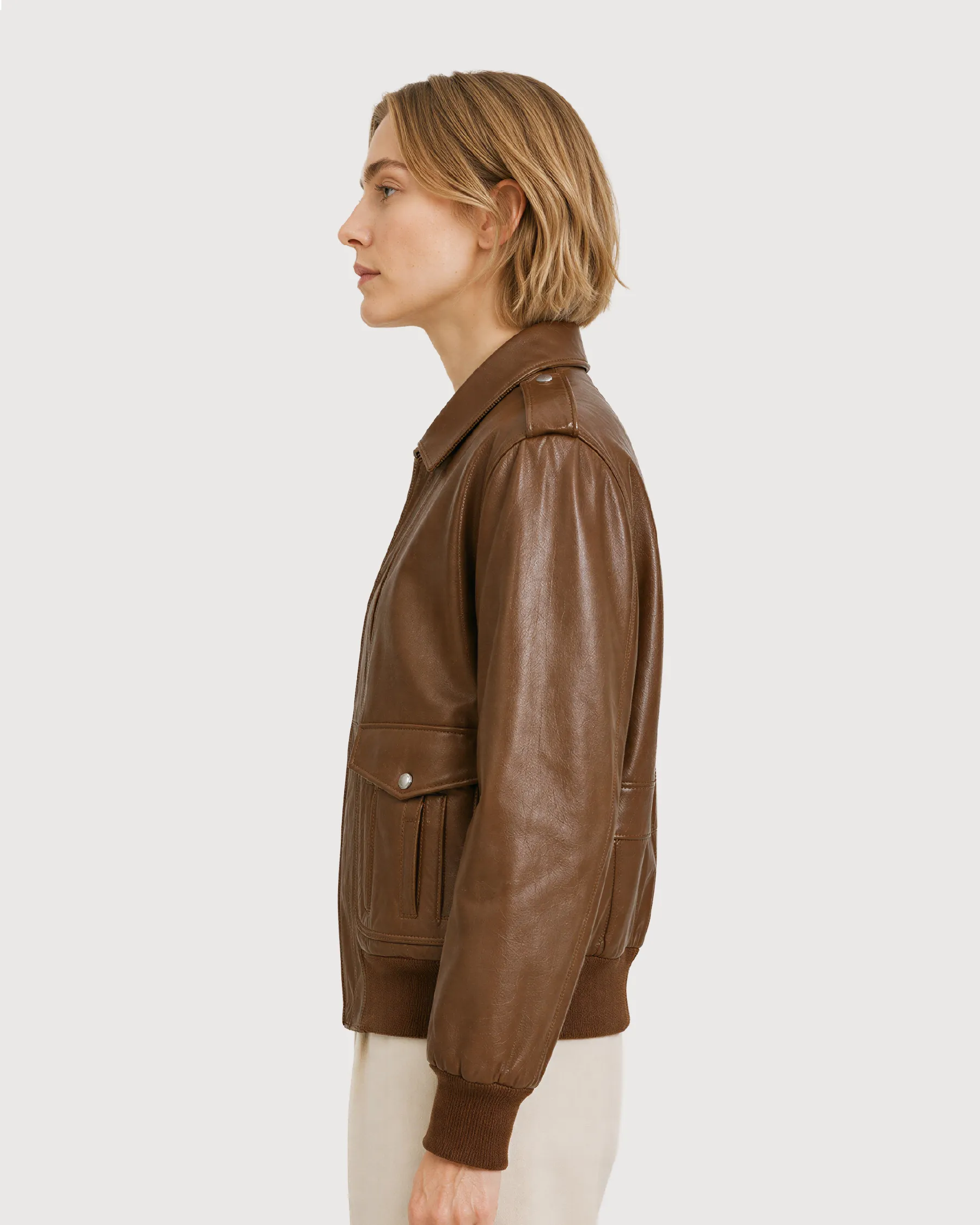 HALEN Brown Leather Flight Bomber Jacket - Left