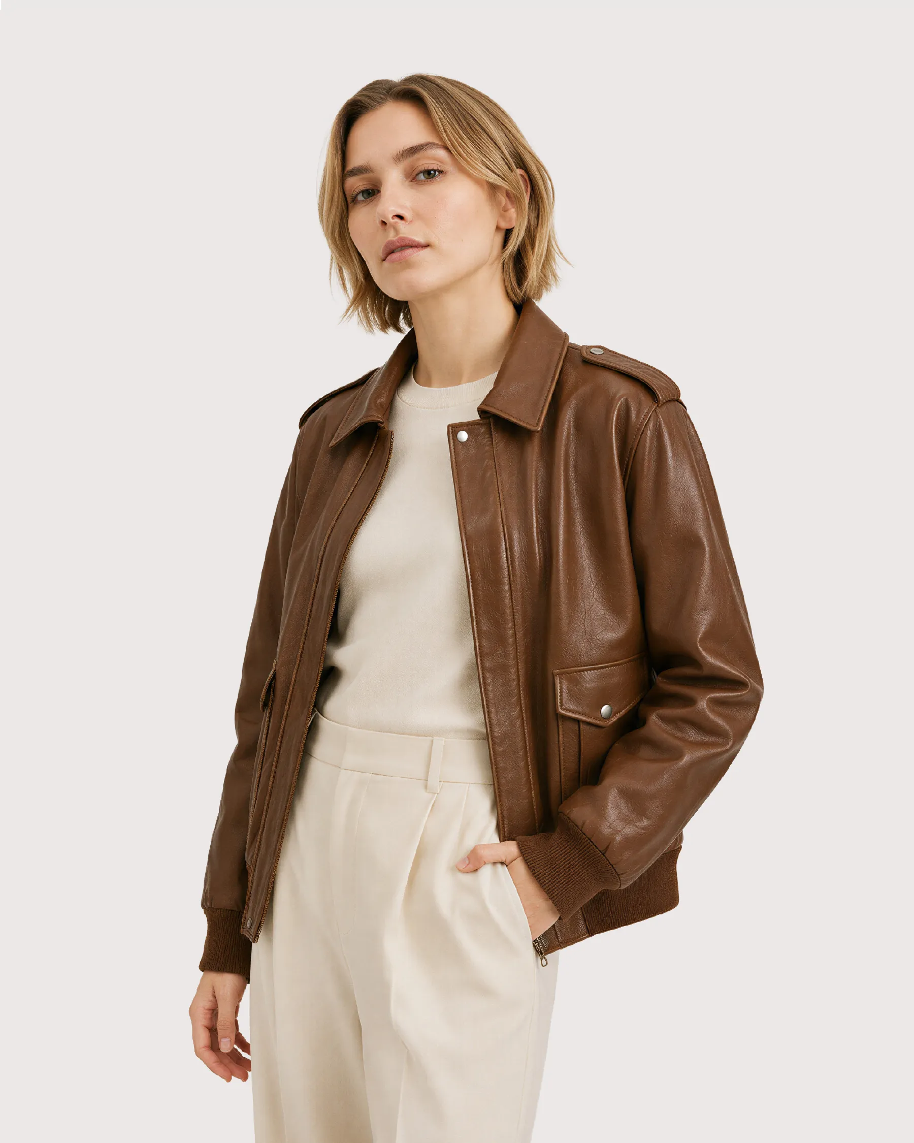 HALEN Brown Leather Flight Bomber Jacket - Open Zipper