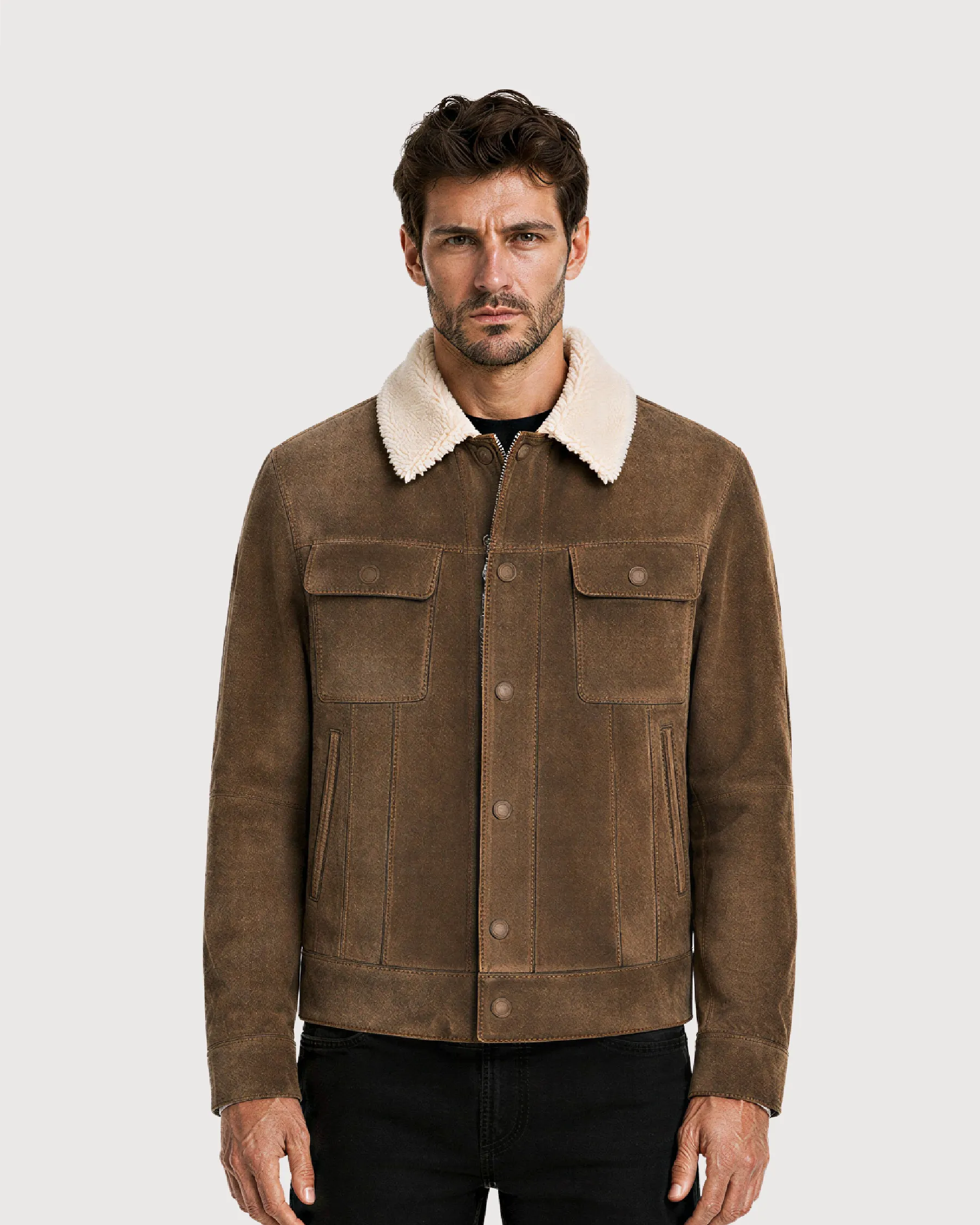 HOLT Brown Suede Shearling Trucker Jacket