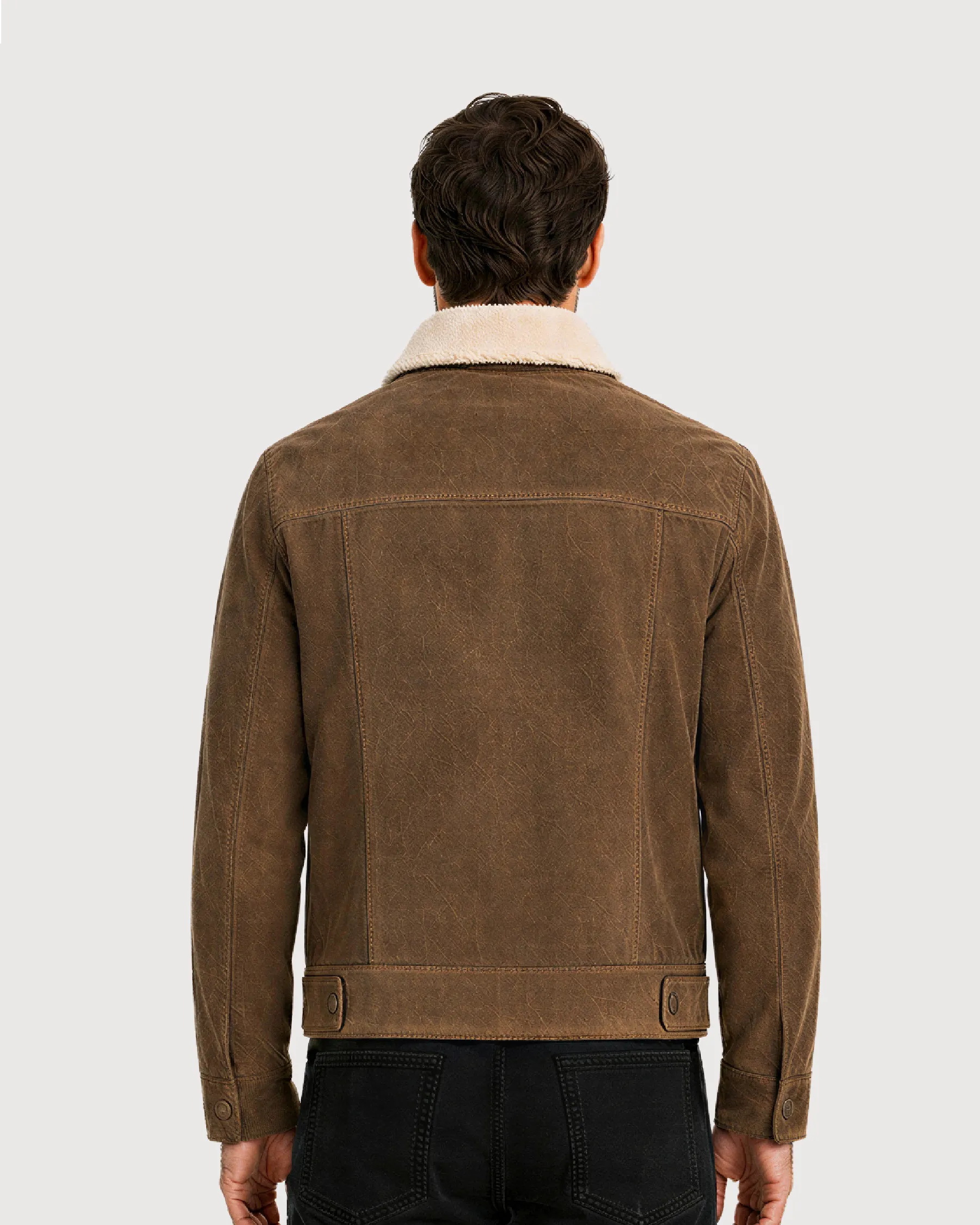 HOLT Brown Suede Shearling Trucker Jacket - Back Pattern